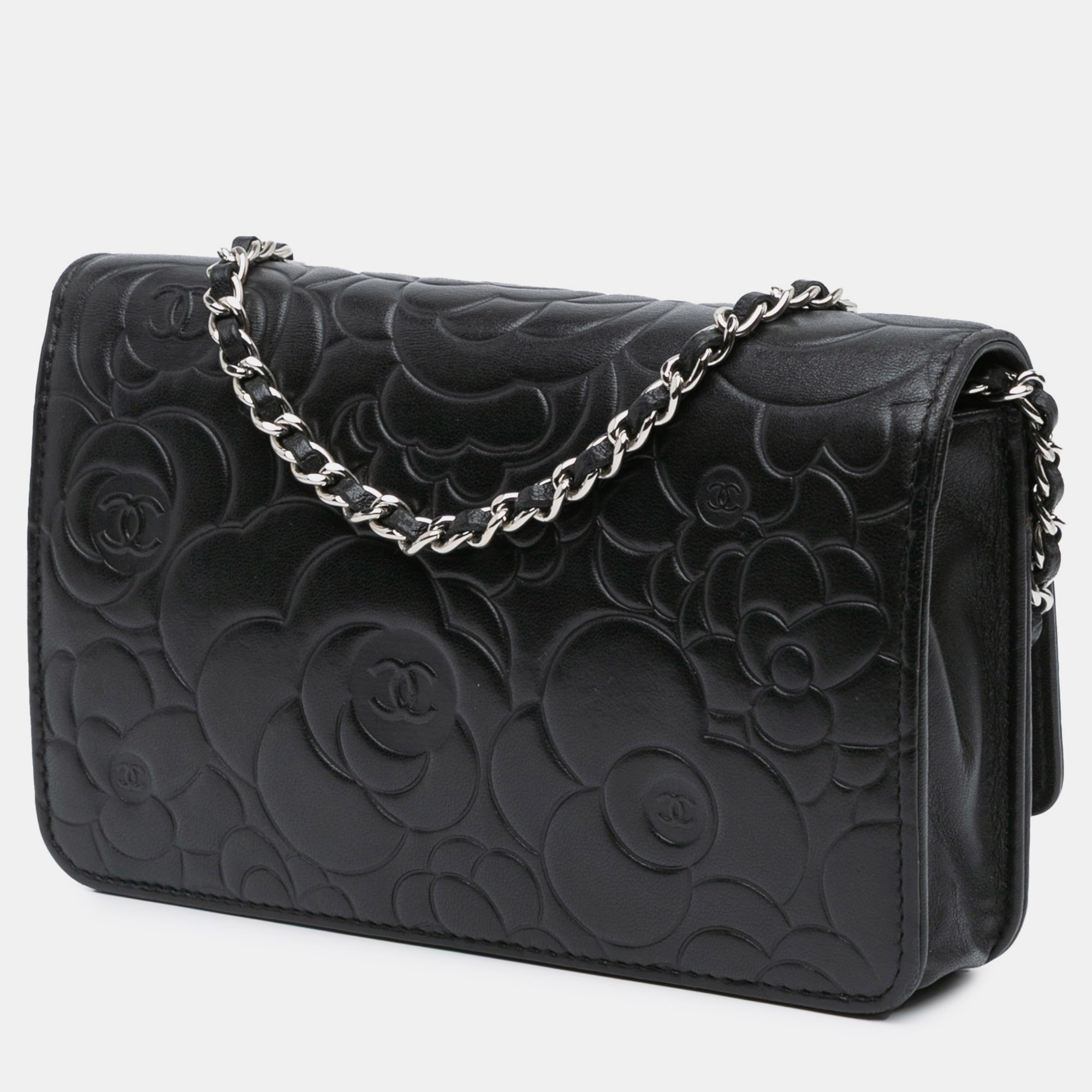 Chanel Black Lambskin Camellia Embossed Wallet On Chain 
