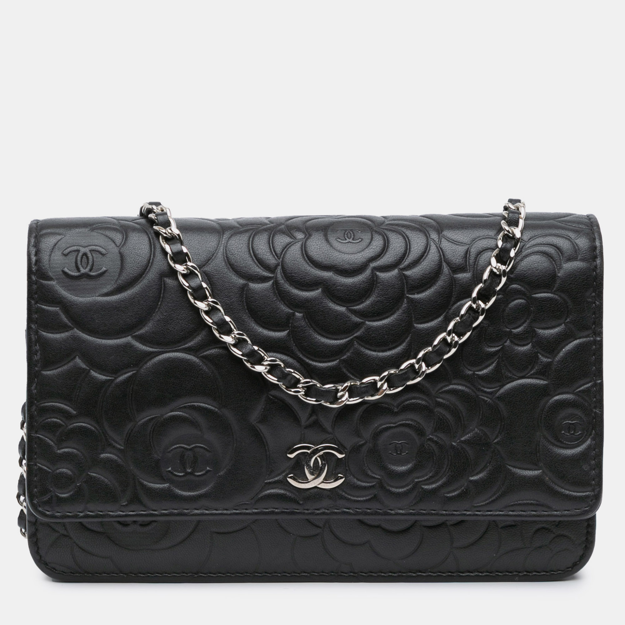 

Chanel Black Lambskin Camellia Embossed Wallet On Chain