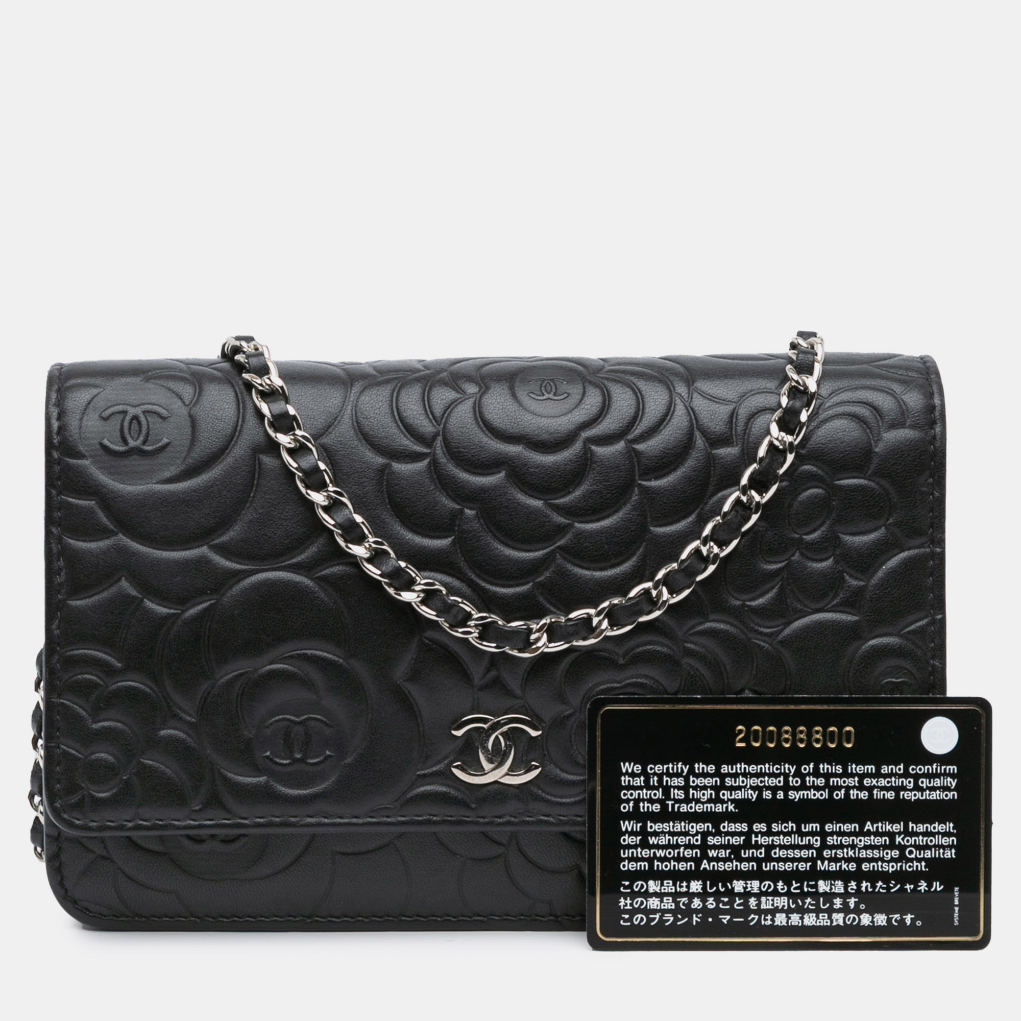 Chanel Black Lambskin Camellia Embossed Wallet On Chain 