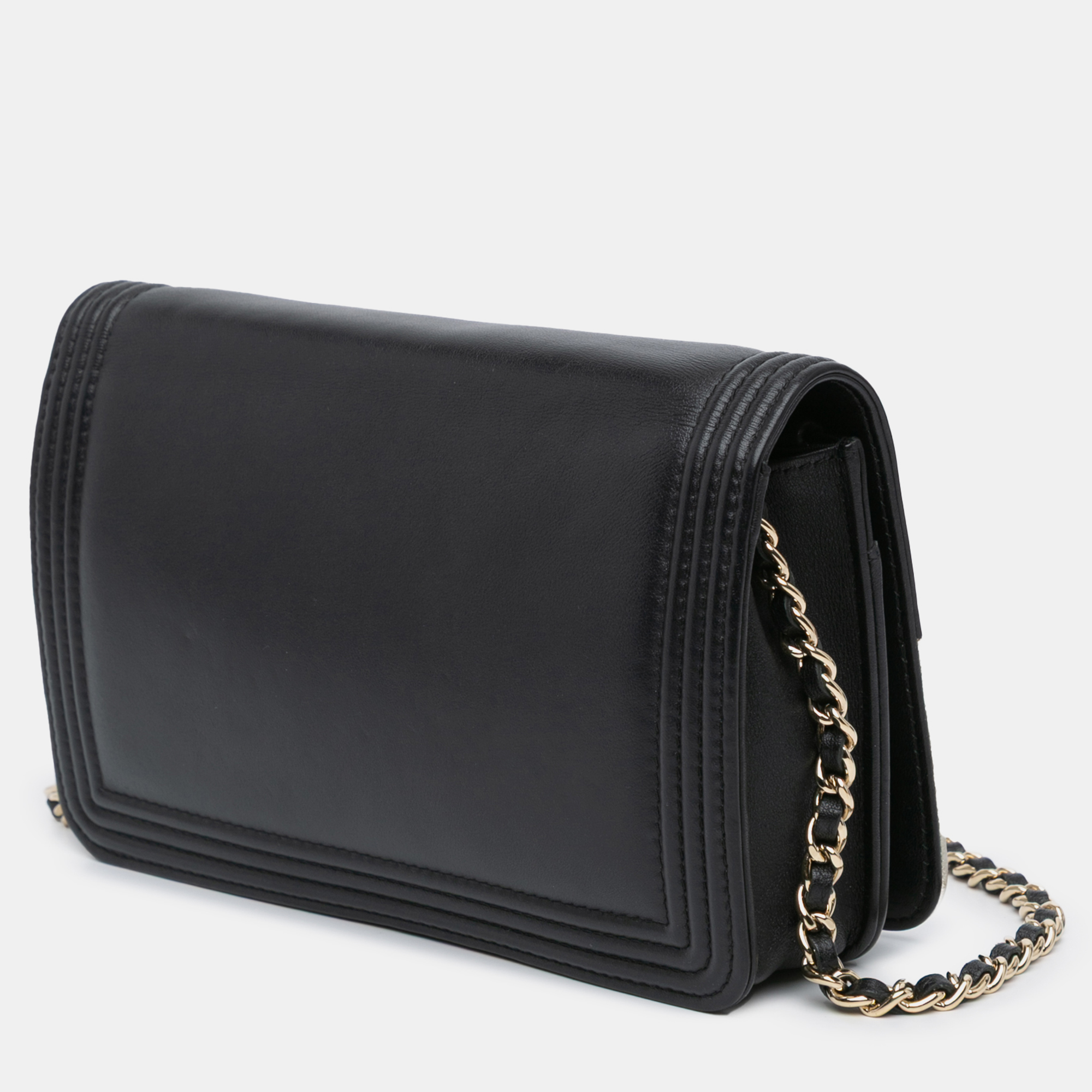 Chanel Black Silver Bicolor Calfskin Boy Wallet On Chain 