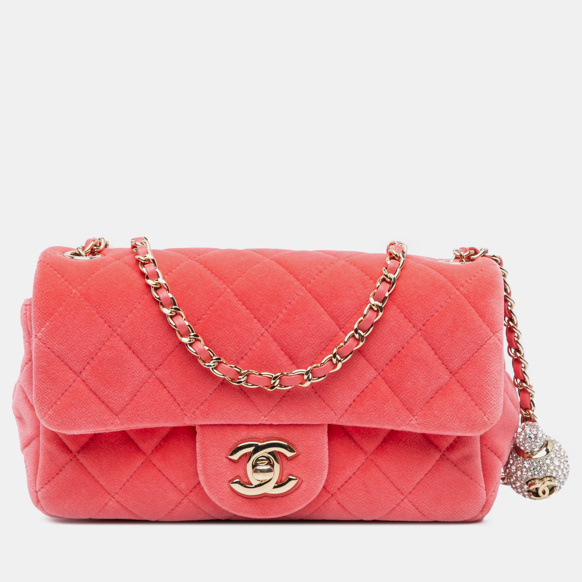 

Chanel Pink Mini Rectangular Velvet Pearl Crush Flap Bag