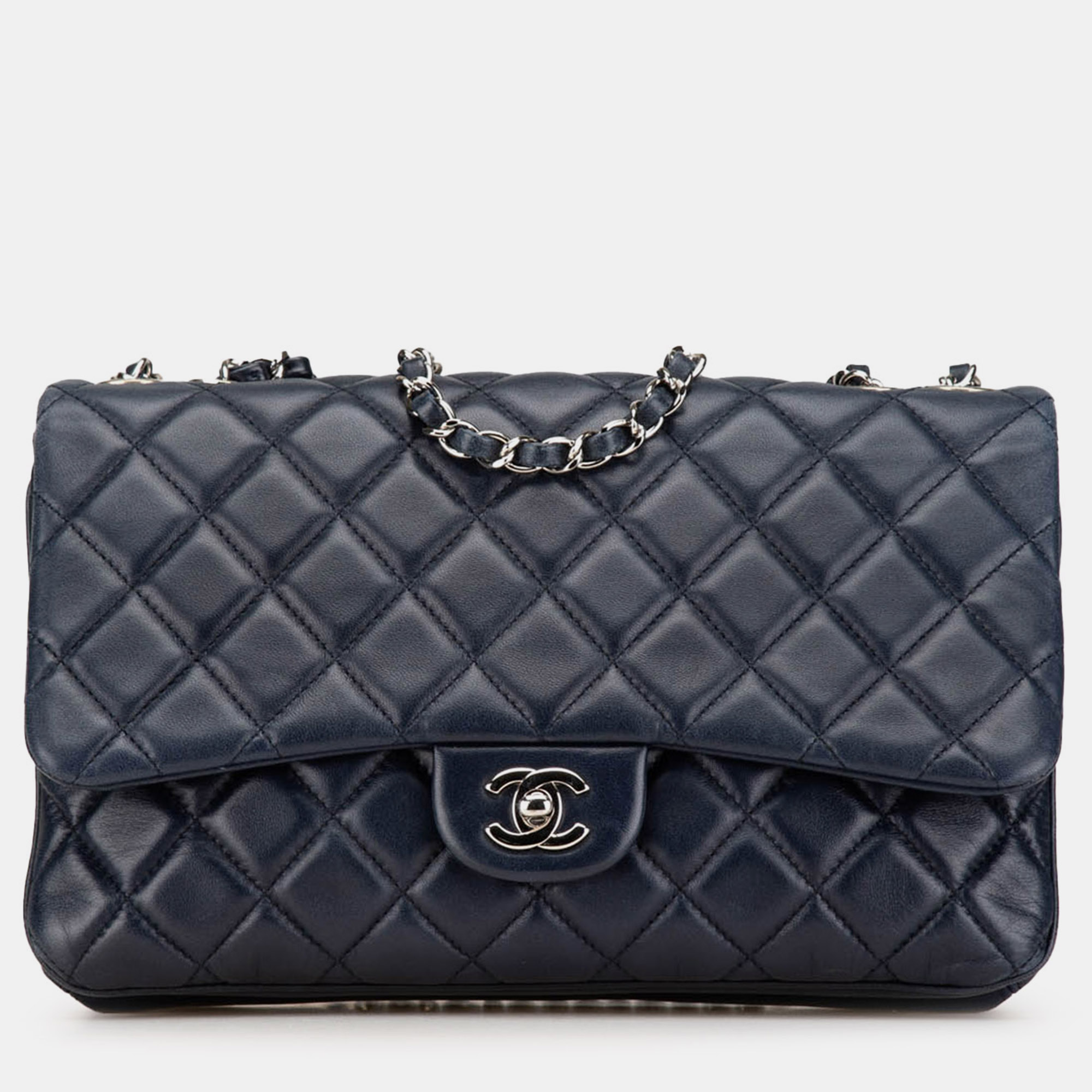 

Chanel Navy Blue Jumbo Classic Lambskin 3 Compartment Flap