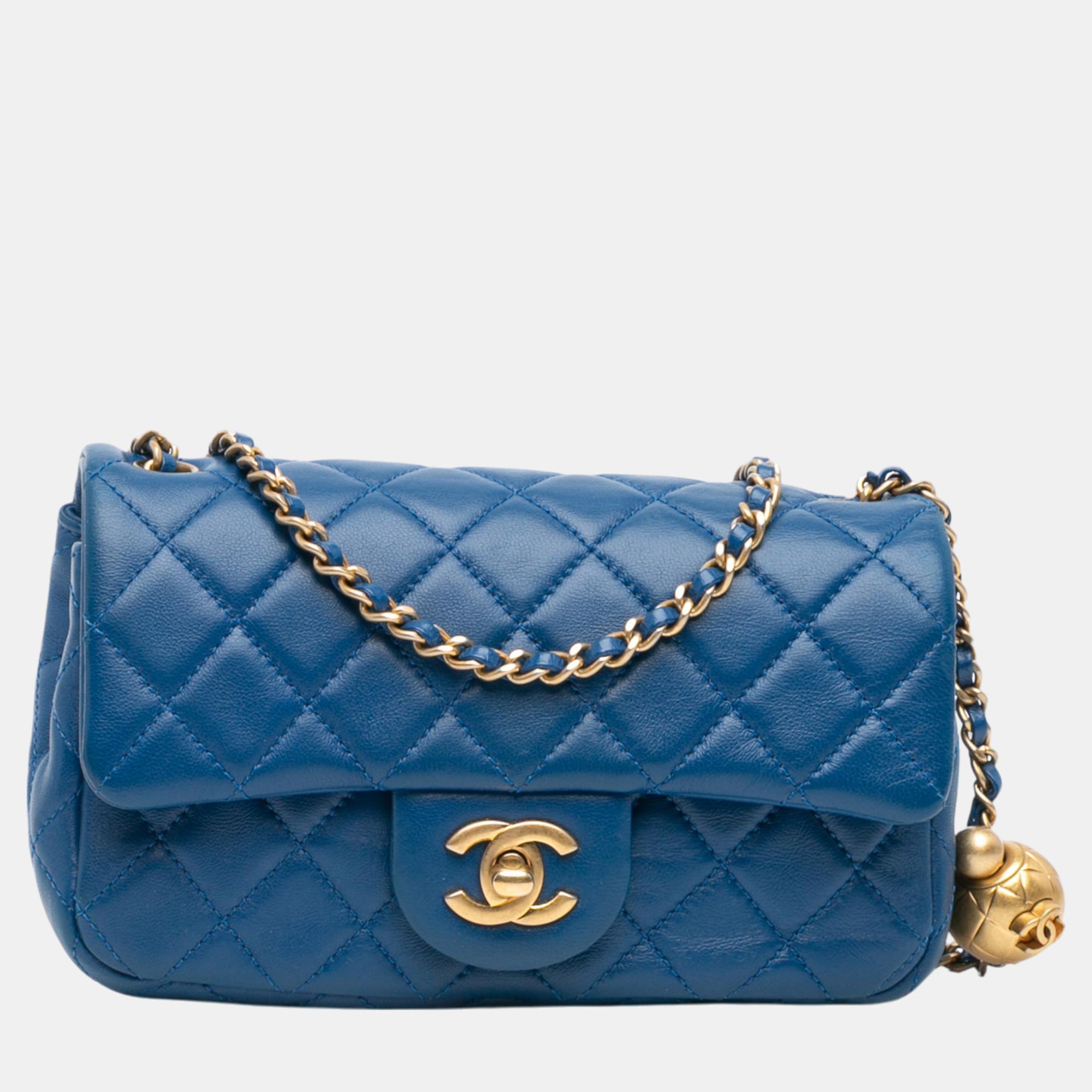 

Chanel Blue Mini Rectangular Lambskin Pearl Crush Flap