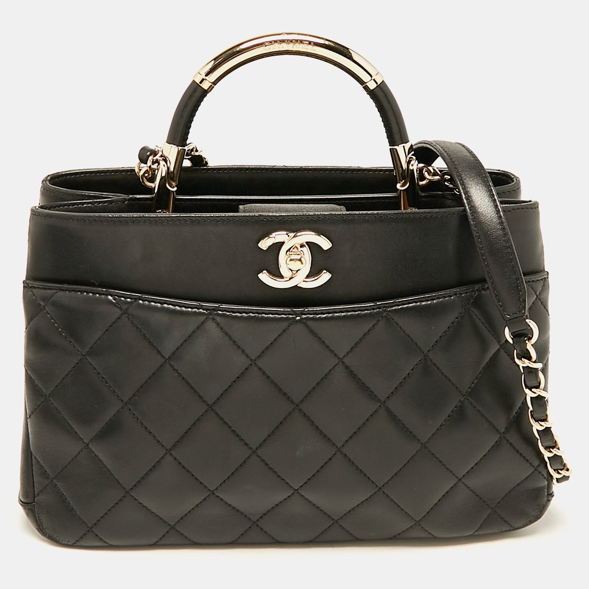 

Chanel Black Quilted Leather  Carry Chic Shopper Top Handle Bag