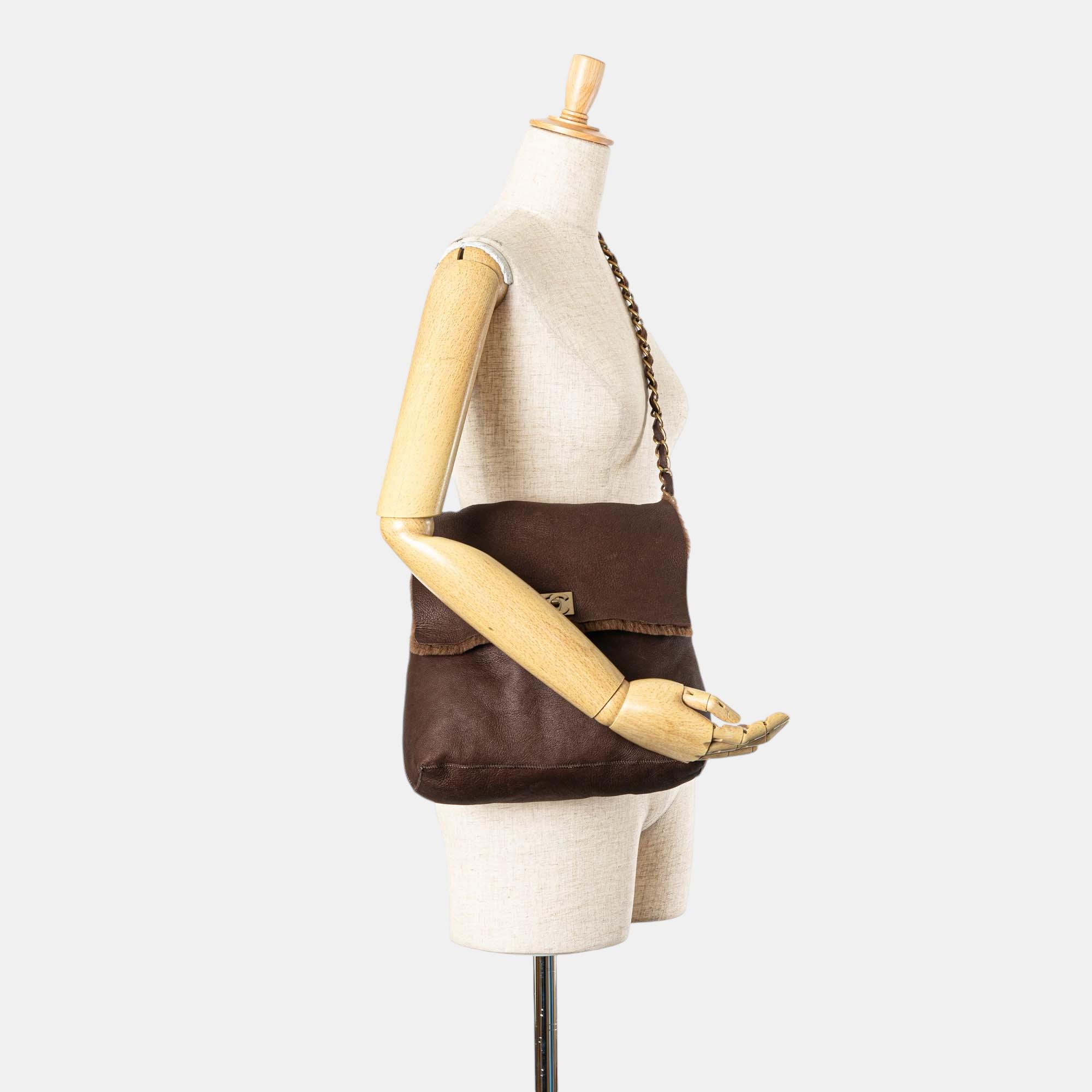 Chanel Brown Shearling Trim Nubuck Leather Chain Flap Bag 