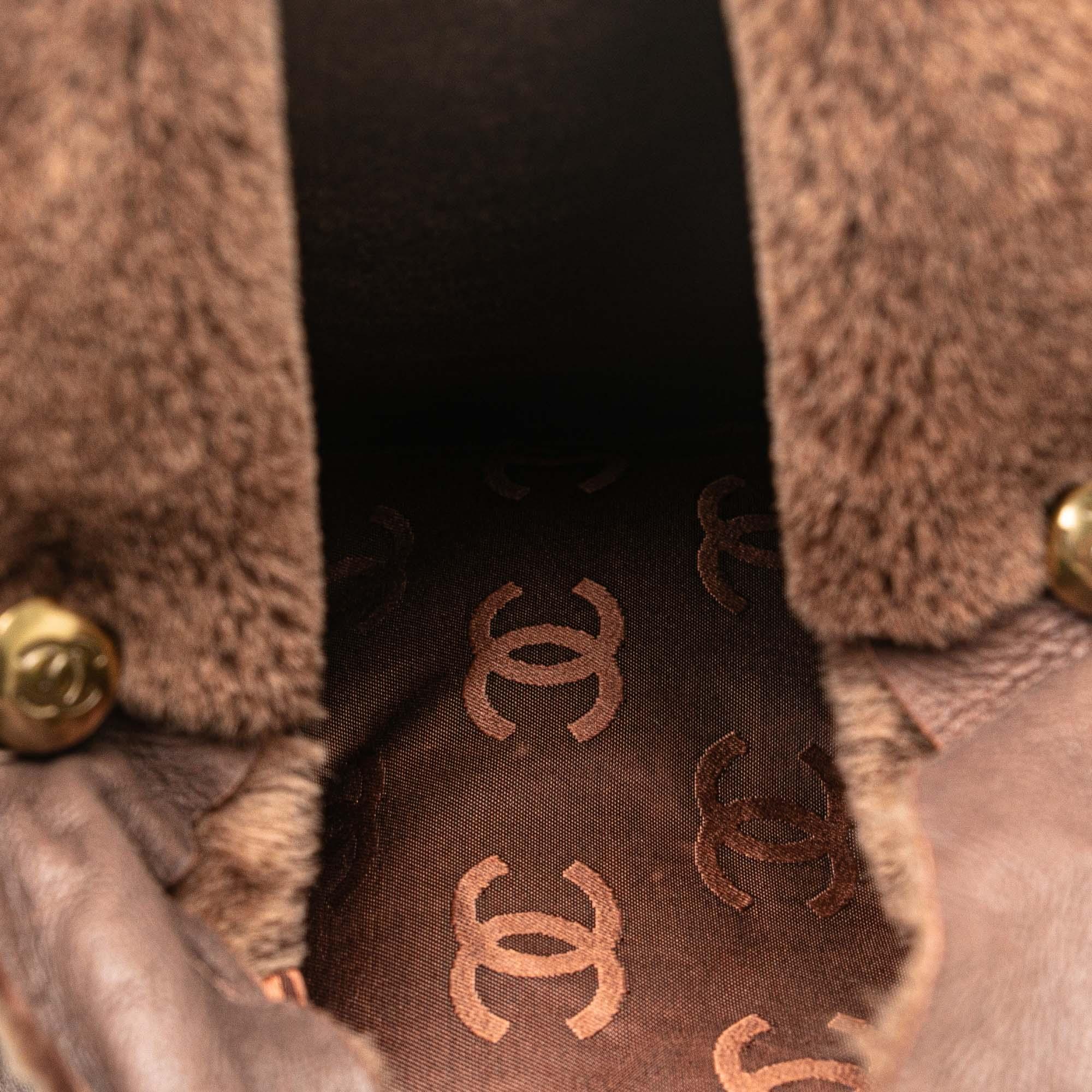Chanel Brown Shearling Trim Nubuck Leather Chain Flap Bag 