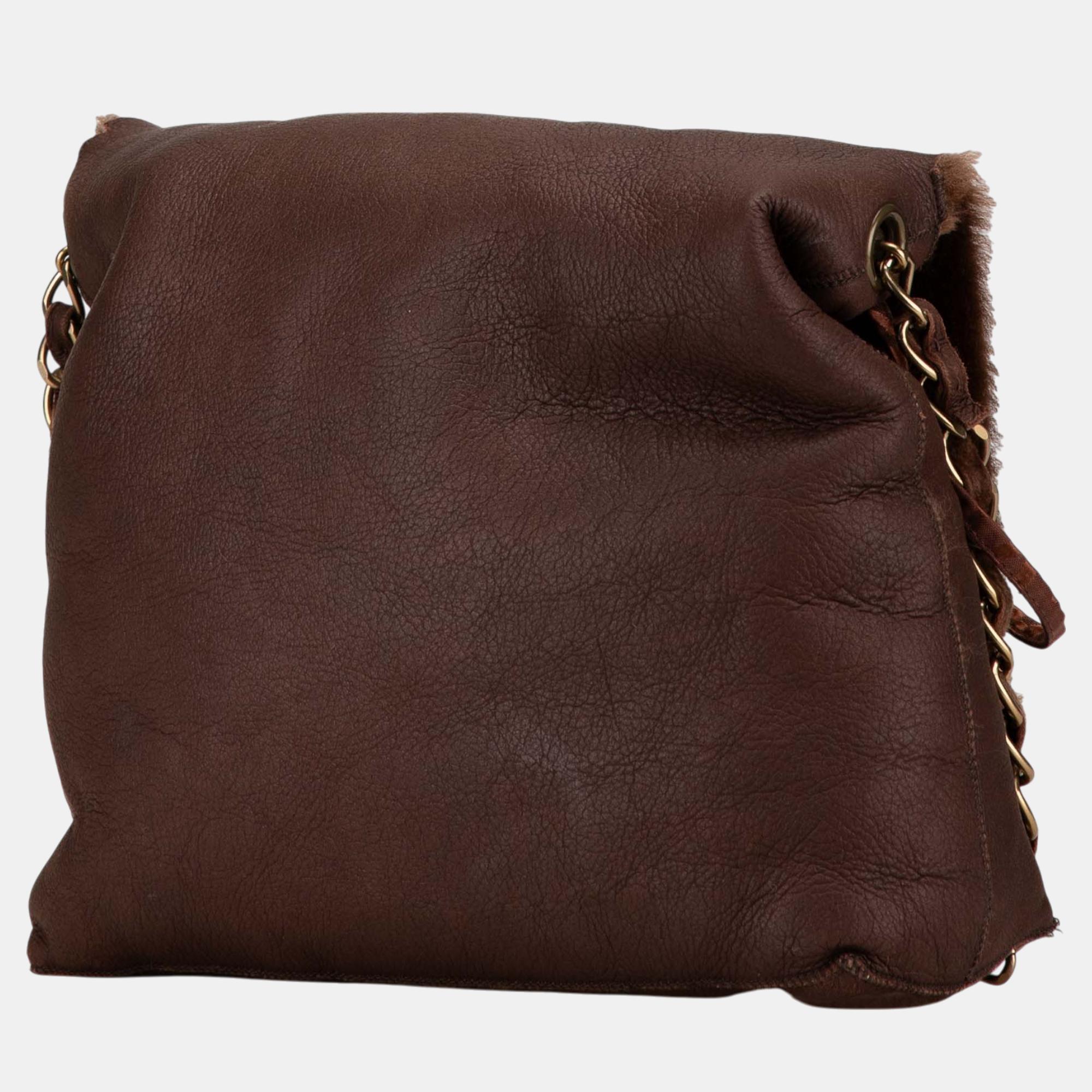 Chanel Brown Shearling Trim Nubuck Leather Chain Flap Bag 