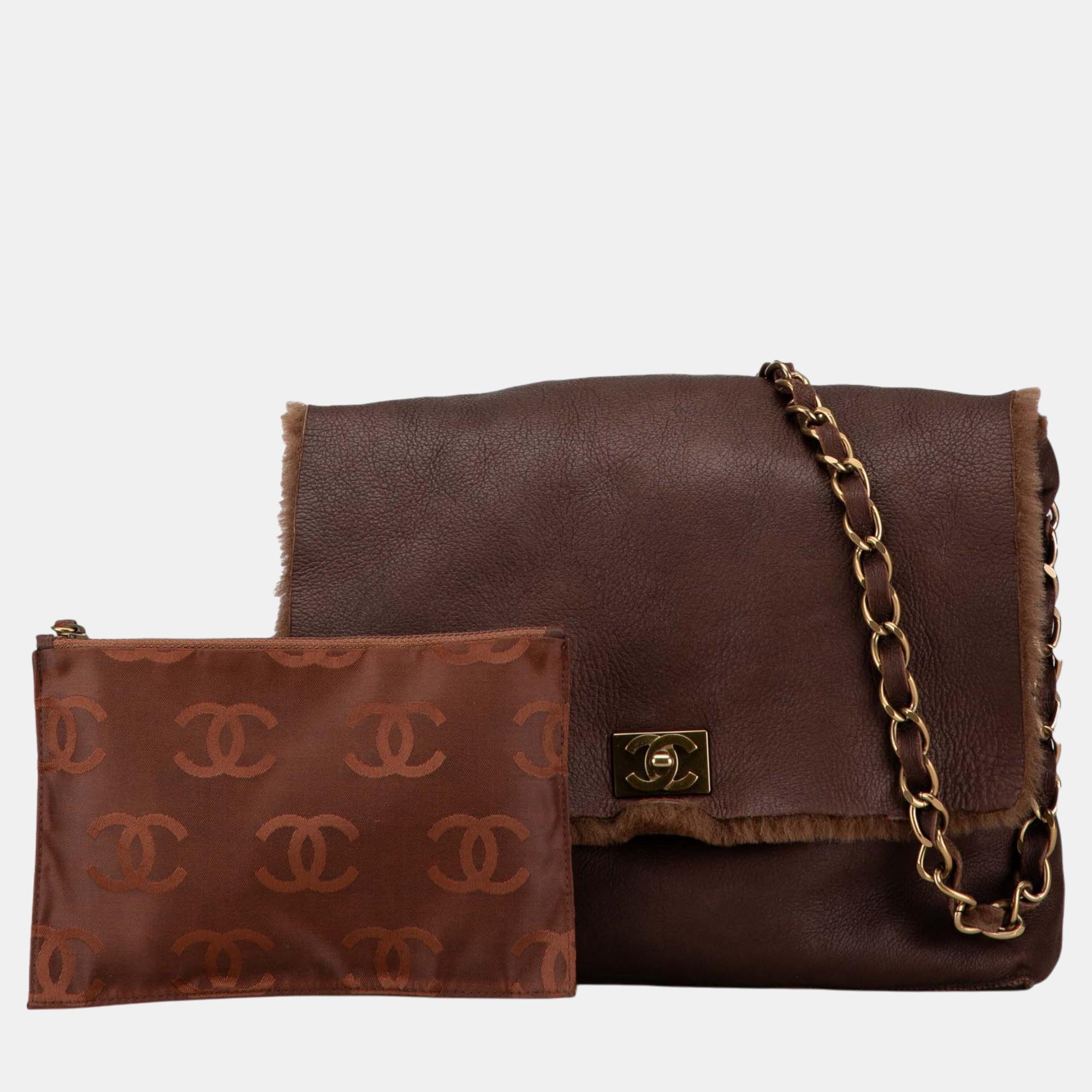 Chanel Brown Shearling Trim Nubuck Leather Chain Flap Bag 