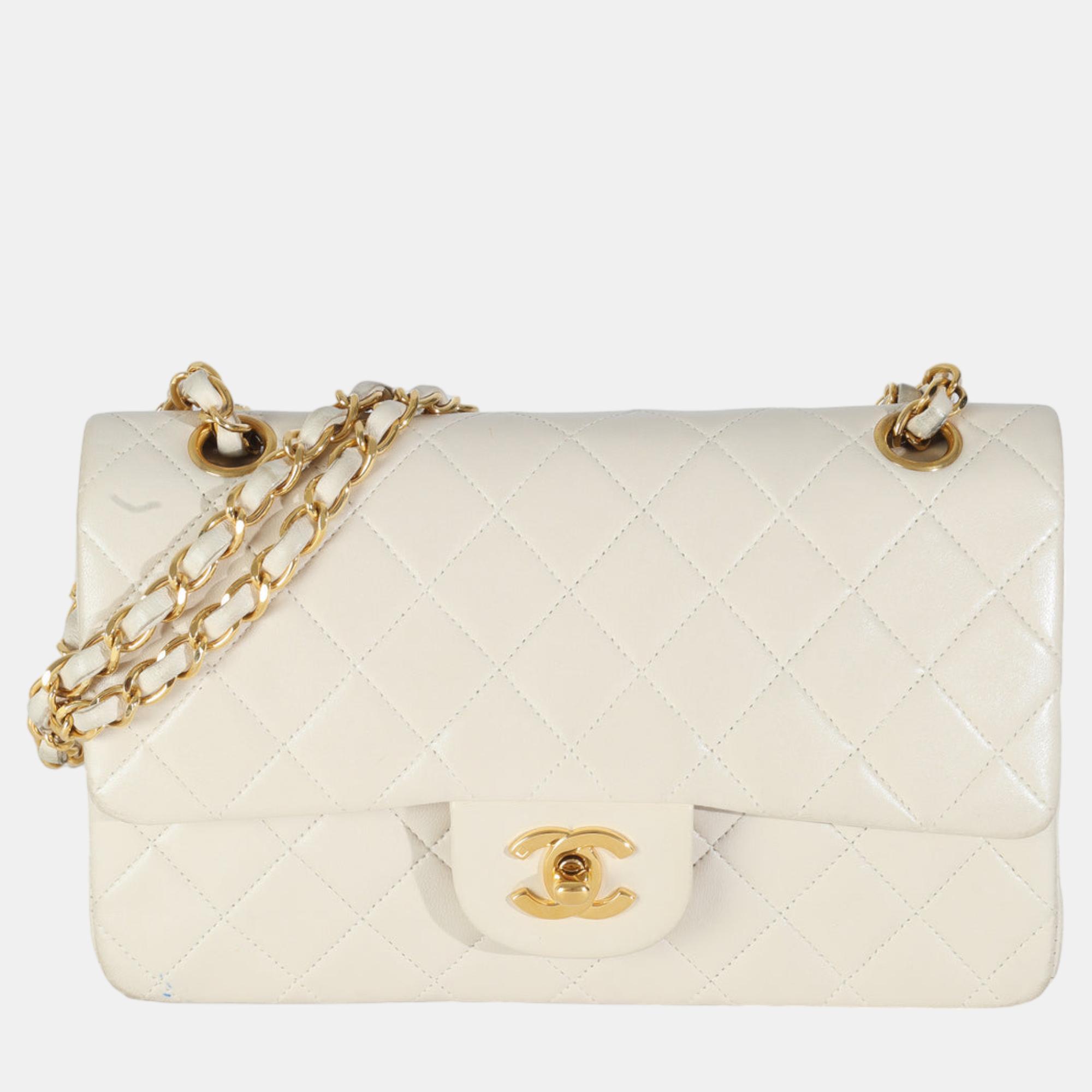 

Chanel Vintage 24K Cream Quilted Lambskin Small Classic Double Flap Bag, White