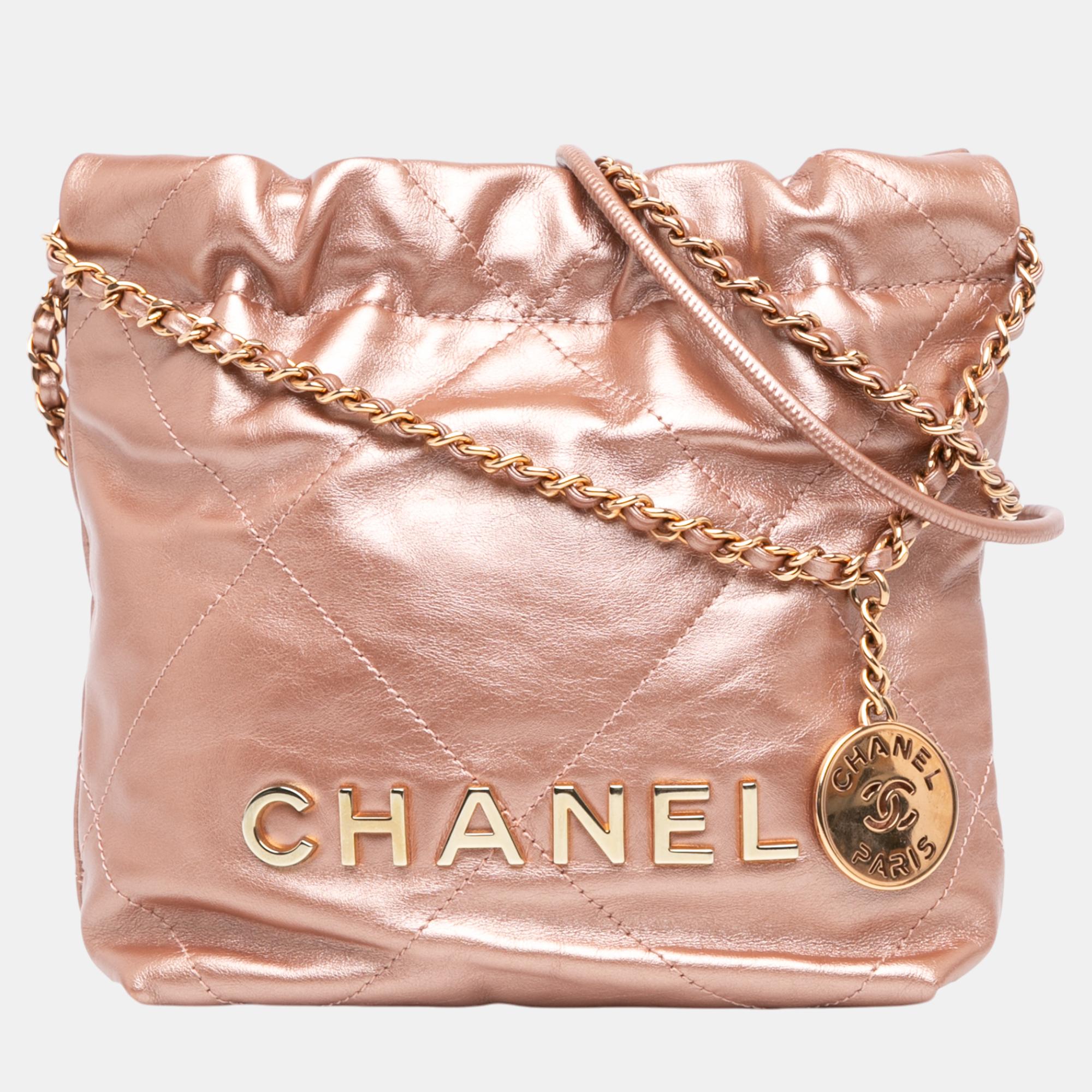 

Chanel Pink Mini Metallic Quilted Calfskin 22 Satchel