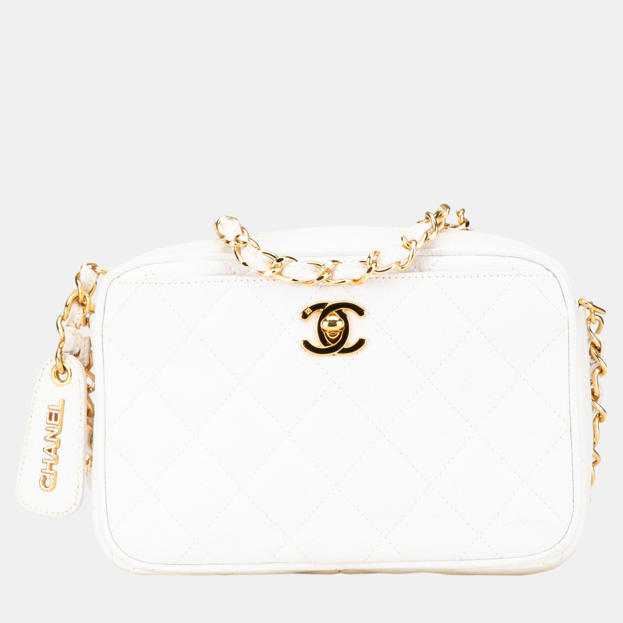 

Chanel White Quilted Caviar CC Camera Bag