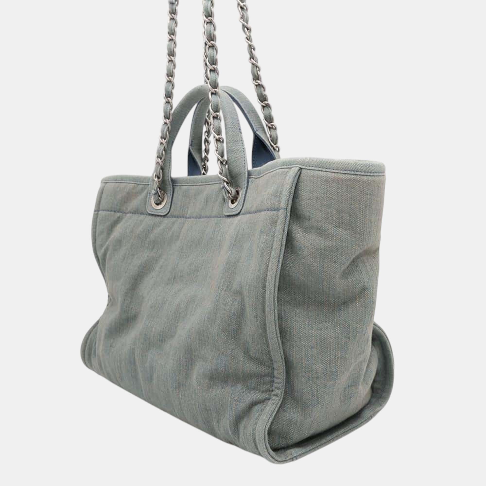 Chanel Deauville Line Shopping Bag Tote Light Blue Denim Size Large 