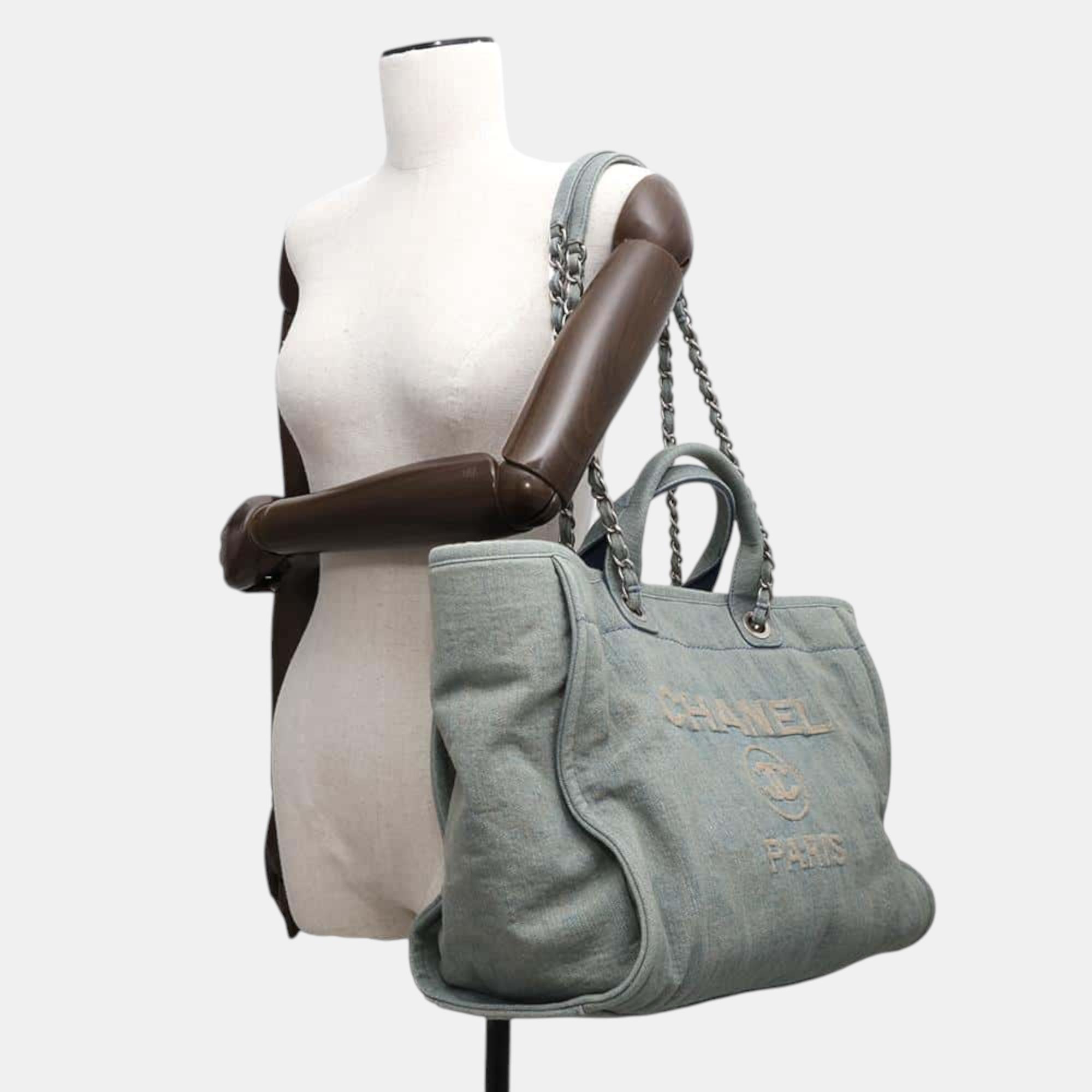 Chanel Deauville Line Shopping Bag Tote Light Blue Denim Size Large 