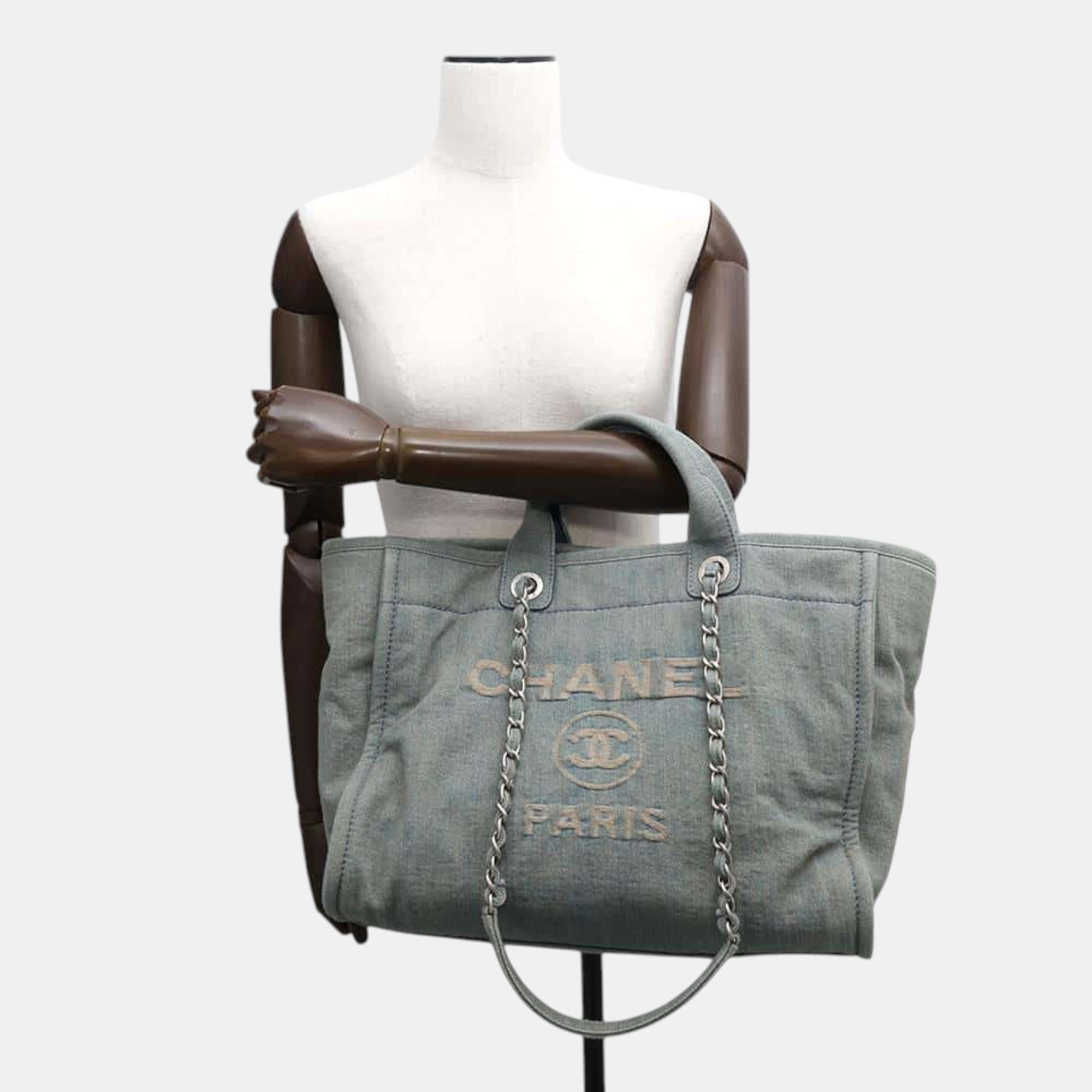 Chanel Deauville Line Shopping Bag Tote Light Blue Denim Size Large 