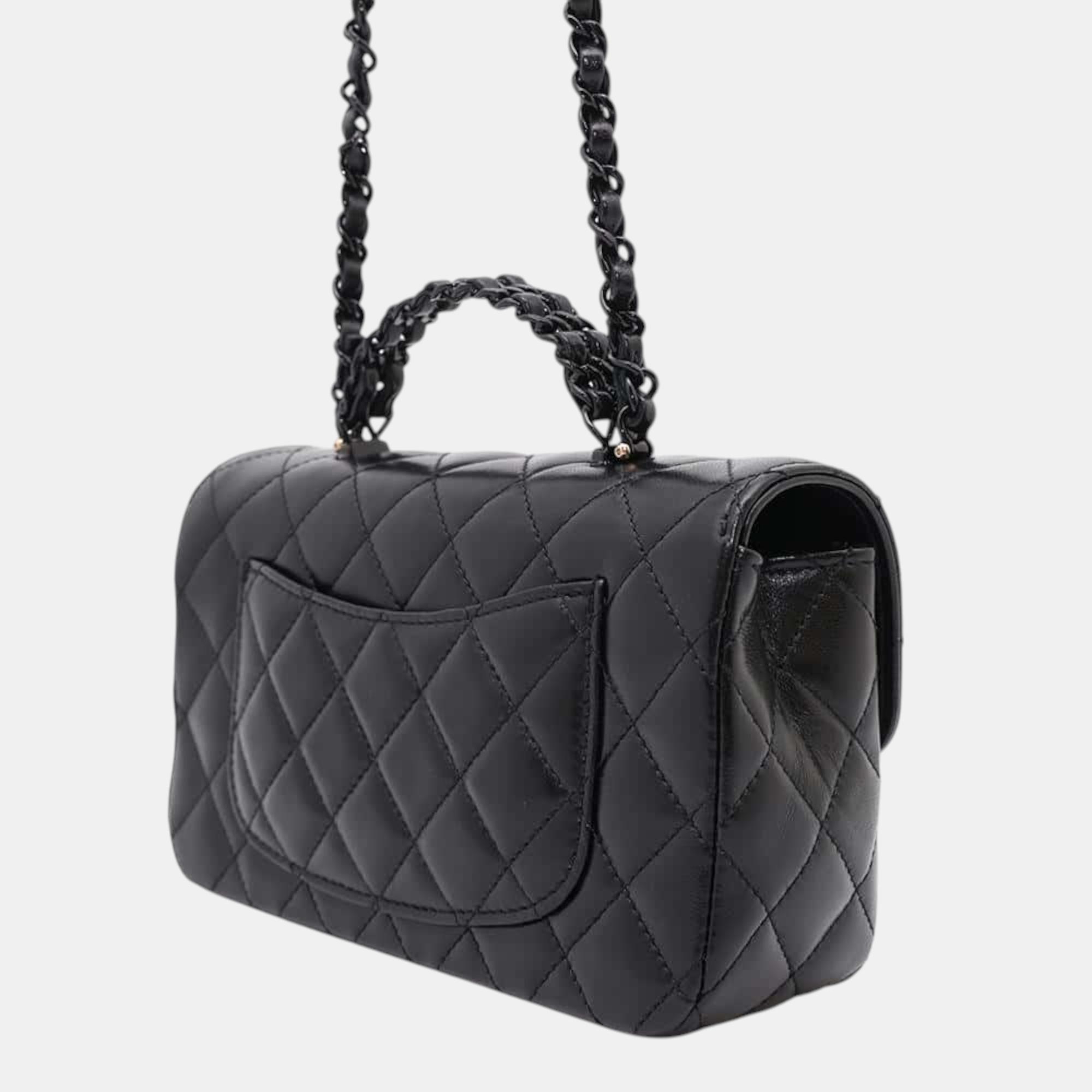 Chanel Black Lambskin Leather Top Handle Bag 