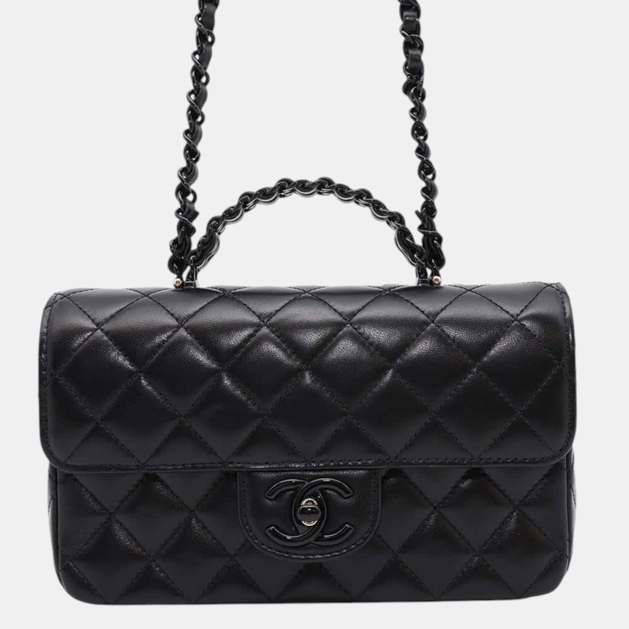

Chanel Black Lambskin Leather Top Handle Bag