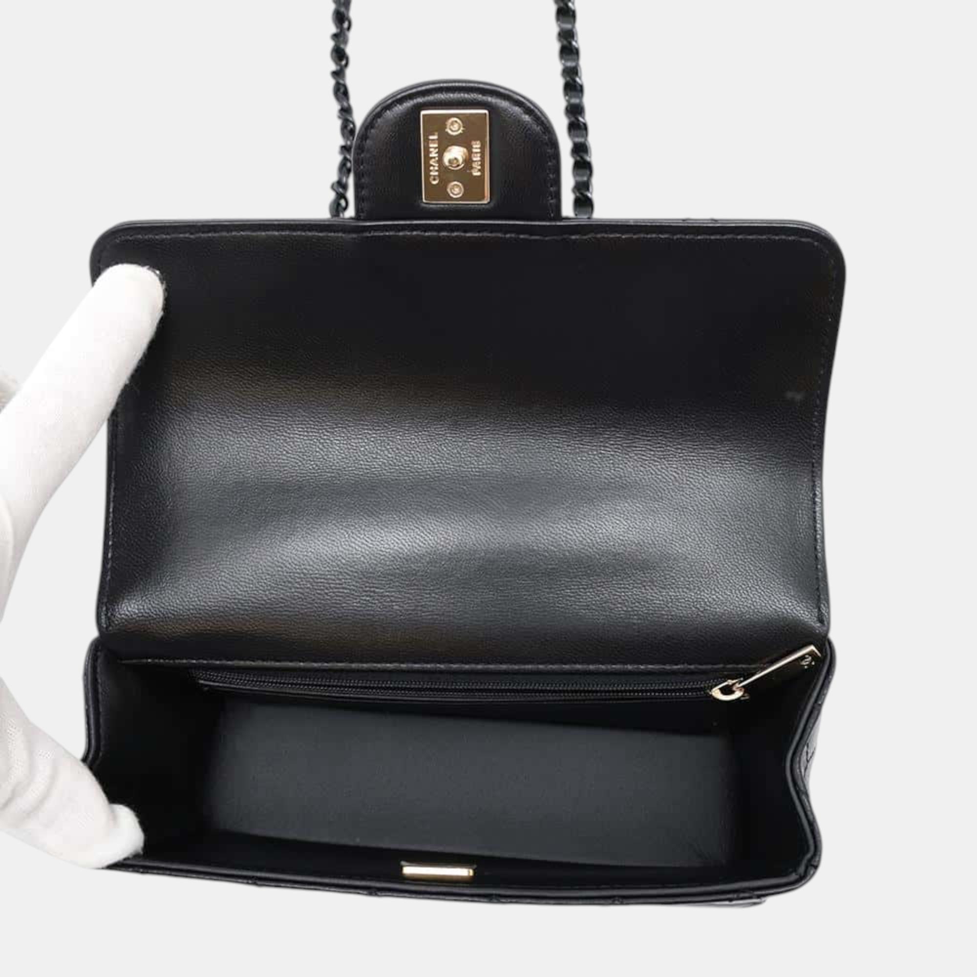 Chanel Black Lambskin Leather Top Handle Bag 