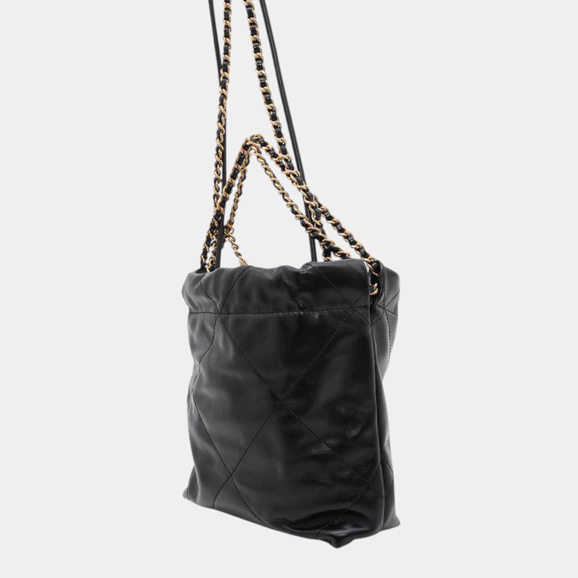 Chanel Black Shiny Calf Leather Mini 22 Shoulder Bag 