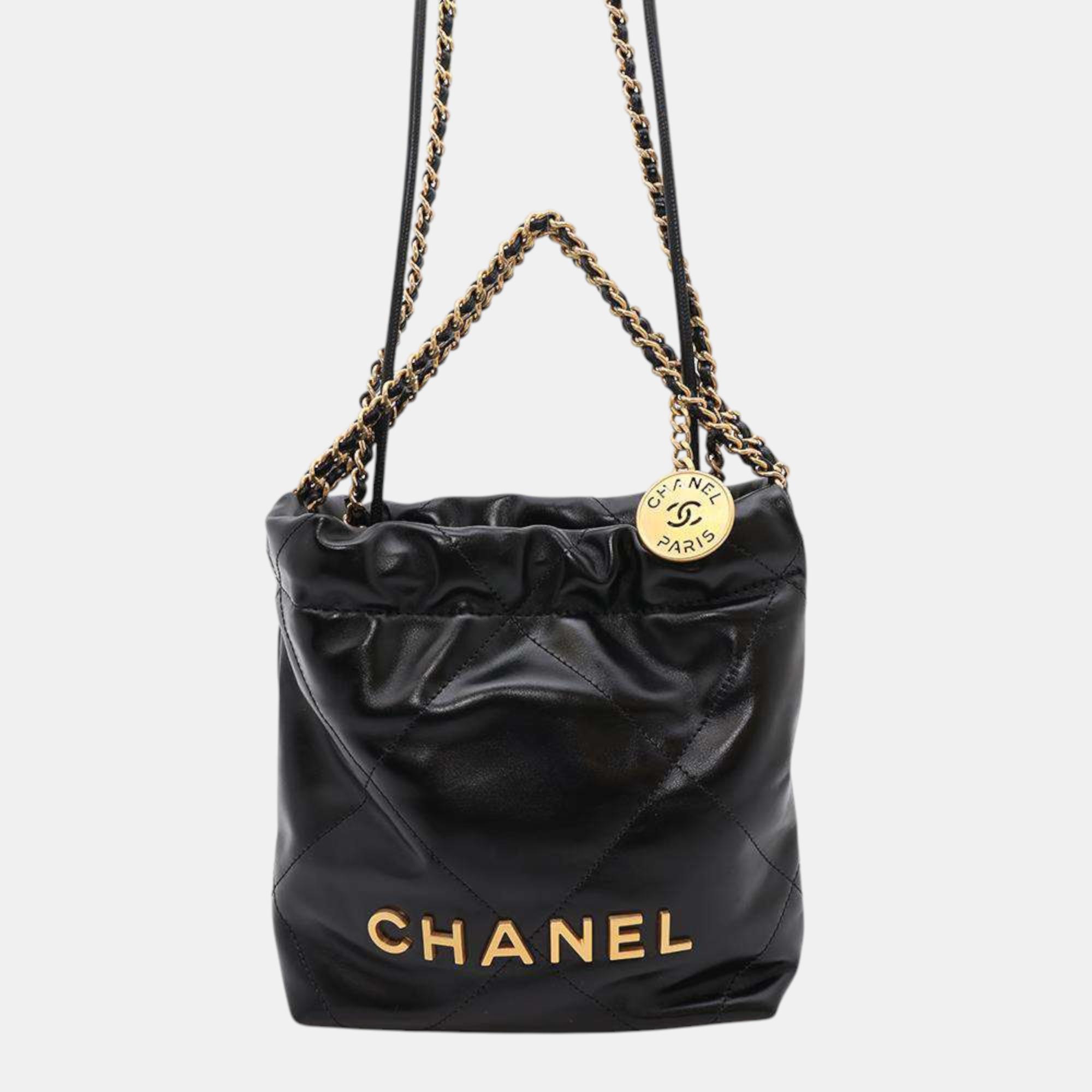 

Chanel Black Shiny Calf Leather Mini 22 Shoulder Bag