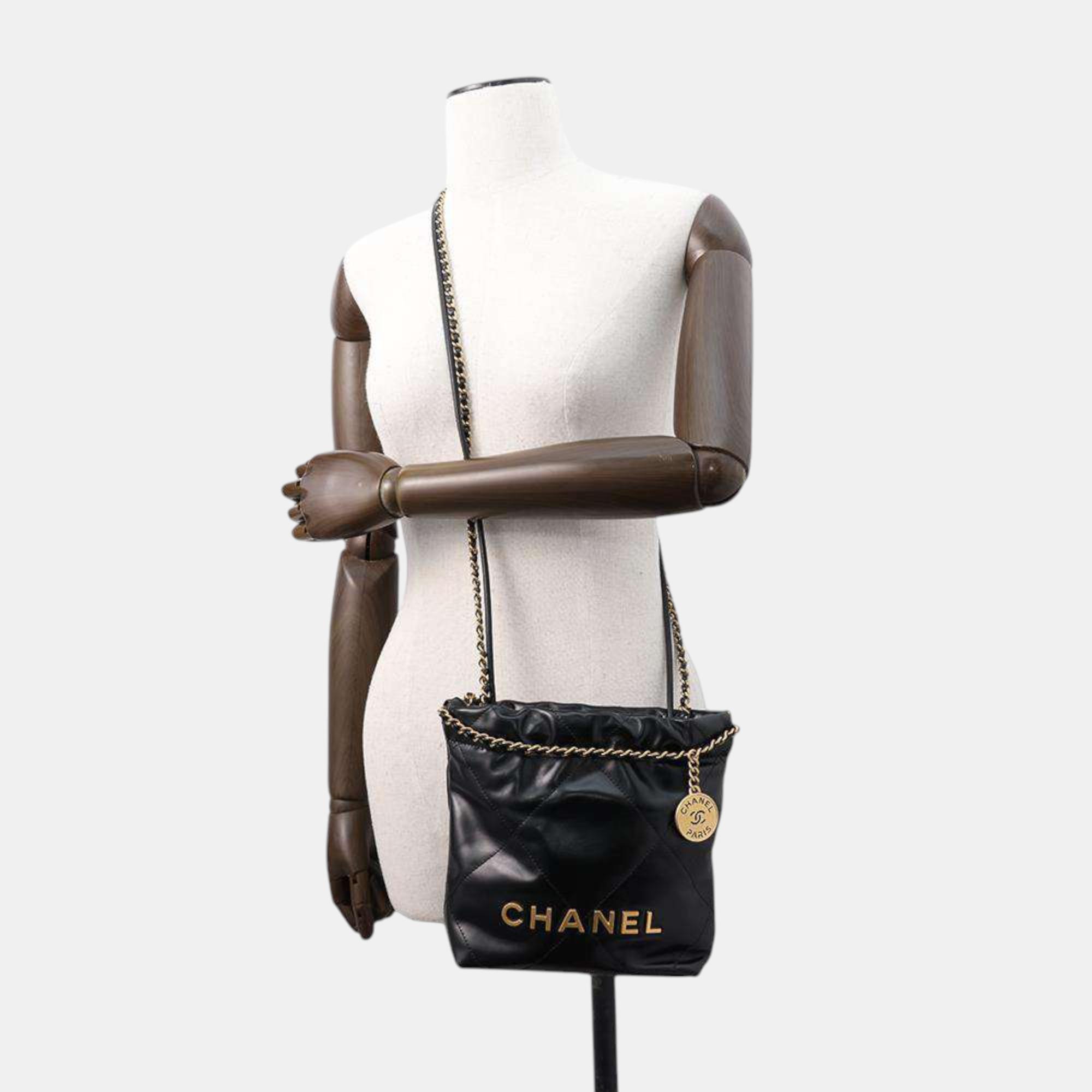 Chanel Black Shiny Calf Leather Mini 22 Shoulder Bag 