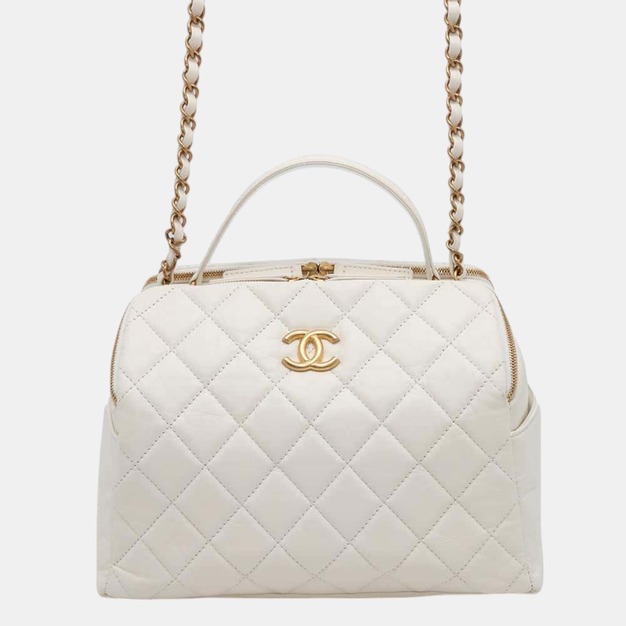 

Chanel White Aged Calf Leather Bowling Bag