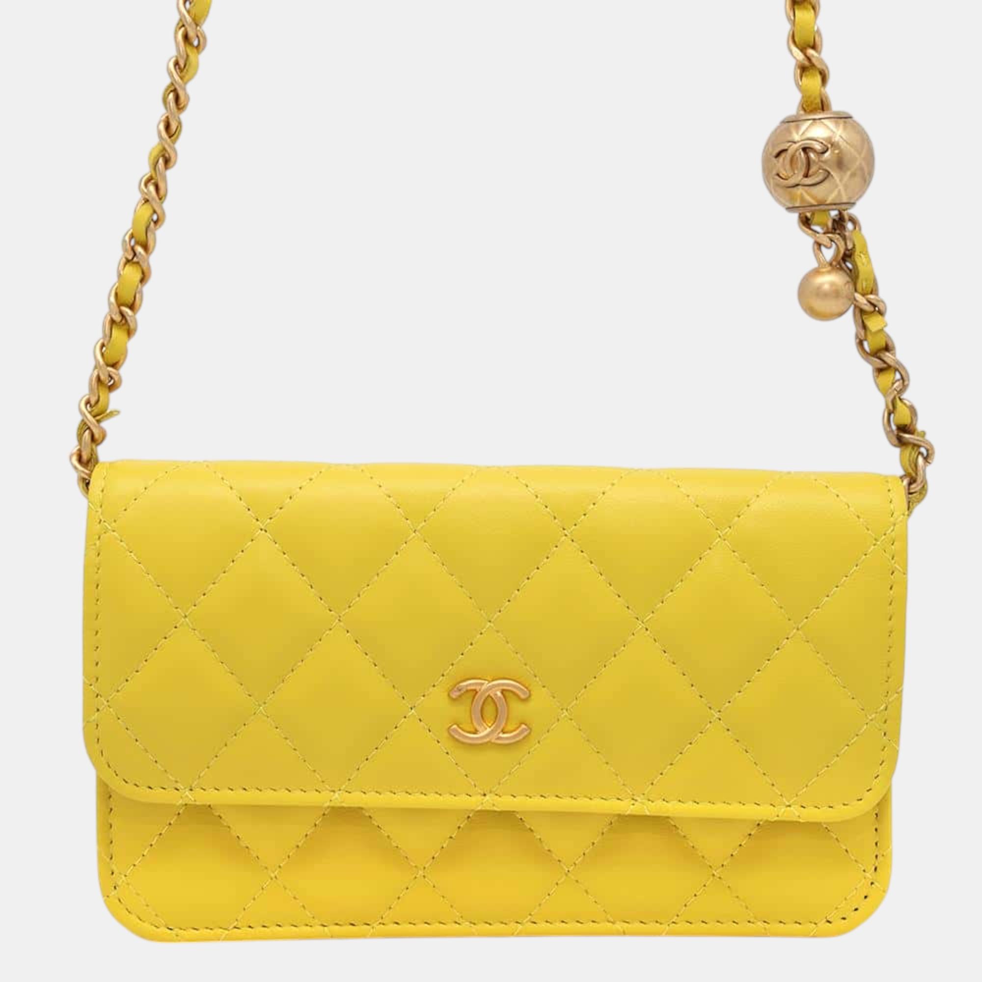 

Chanel Yellow Quilted Lambskin Pearl Crush Flap Phone Holder with Chain Bag