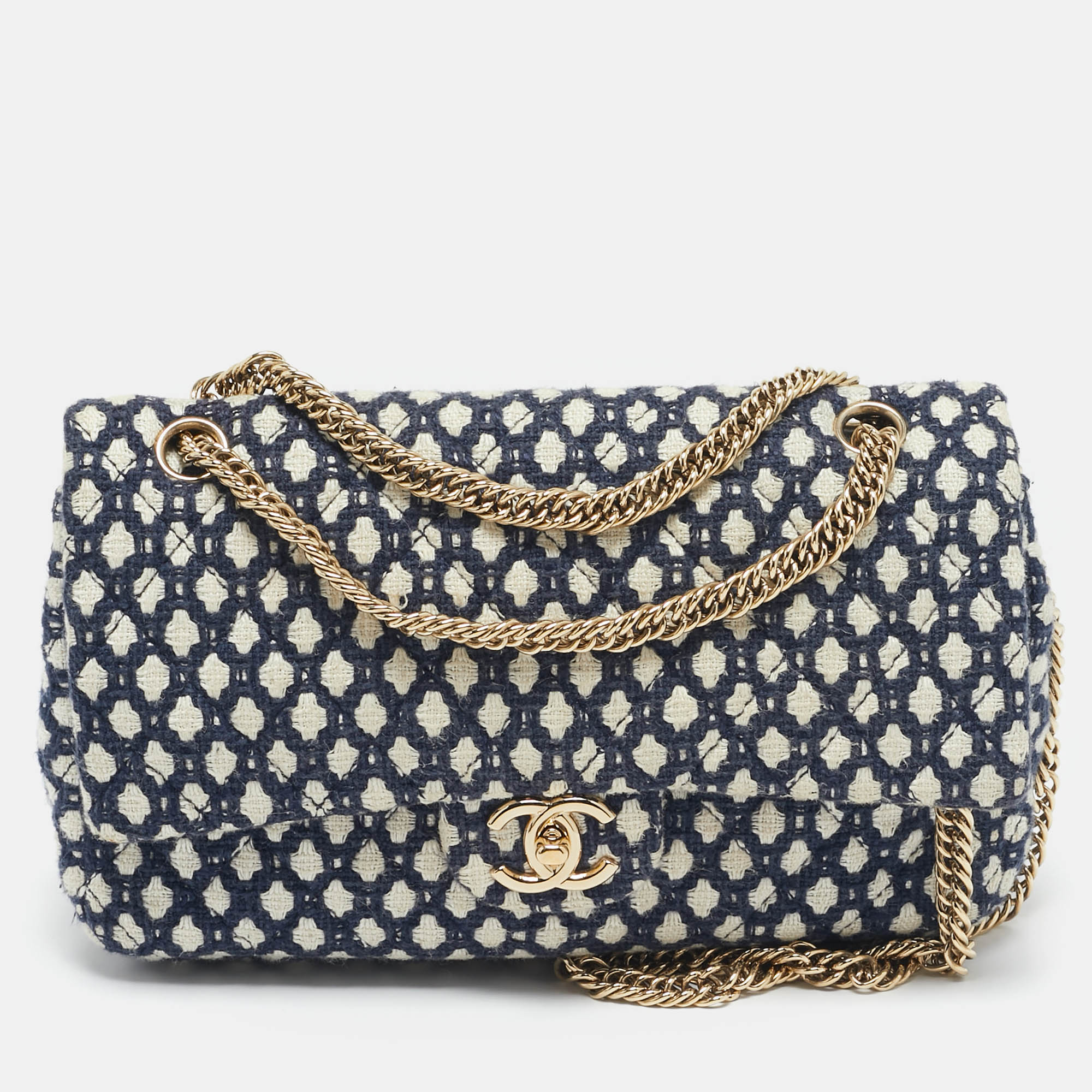 

Chanel Blue/White Quilted Tweed  Classic Double Flap Bag