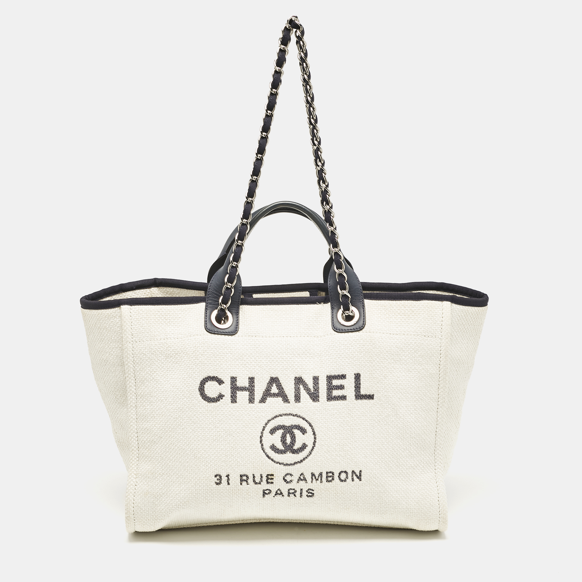 

Chanel White/Navy Blue Raffia  Deauville Shopper Tote