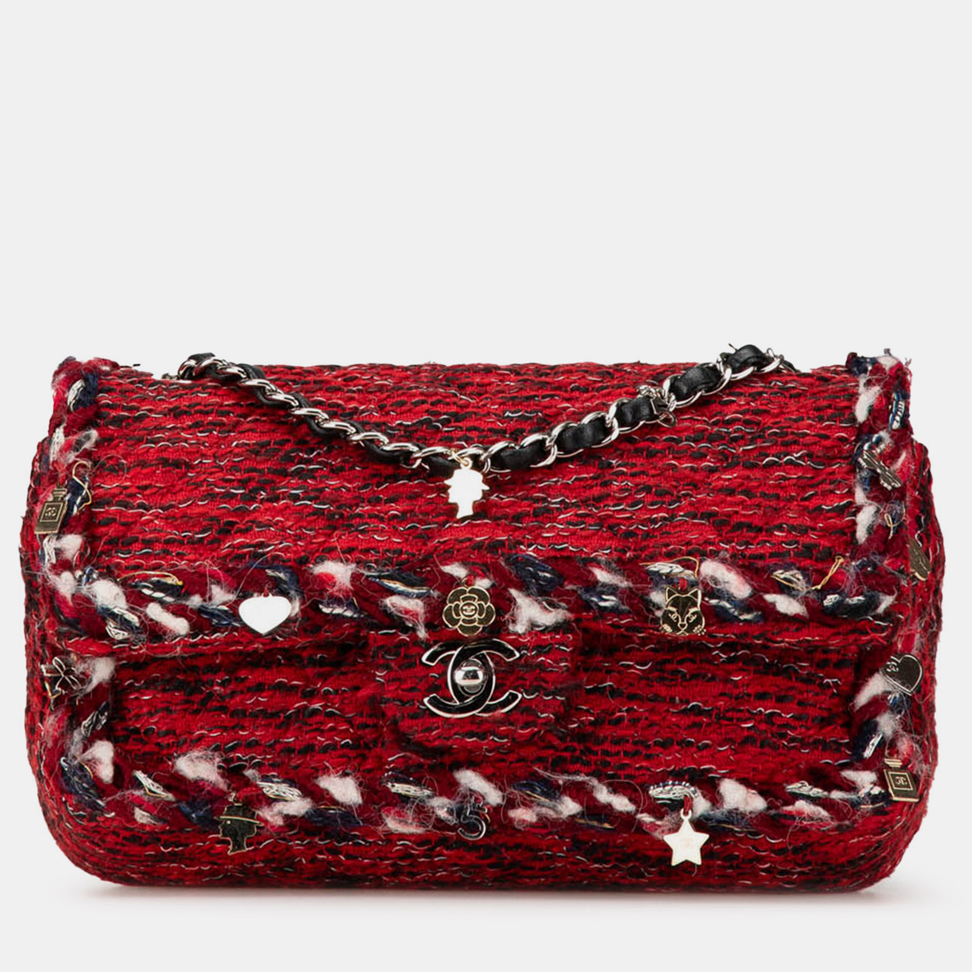 

Chanel Red Medium Tweed Braided Charms Double Flap