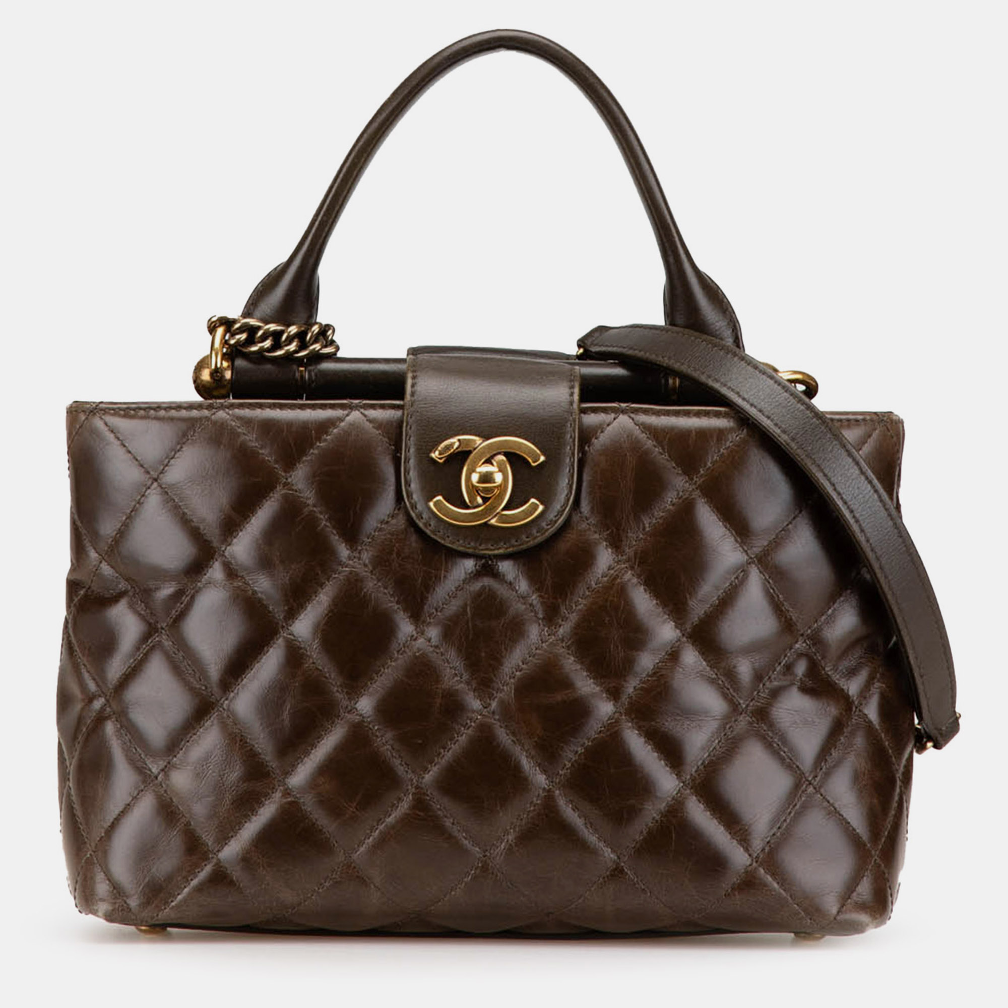 

Chanel Brown Small Quilted Calfskin Gold Bar Top Handle Bag