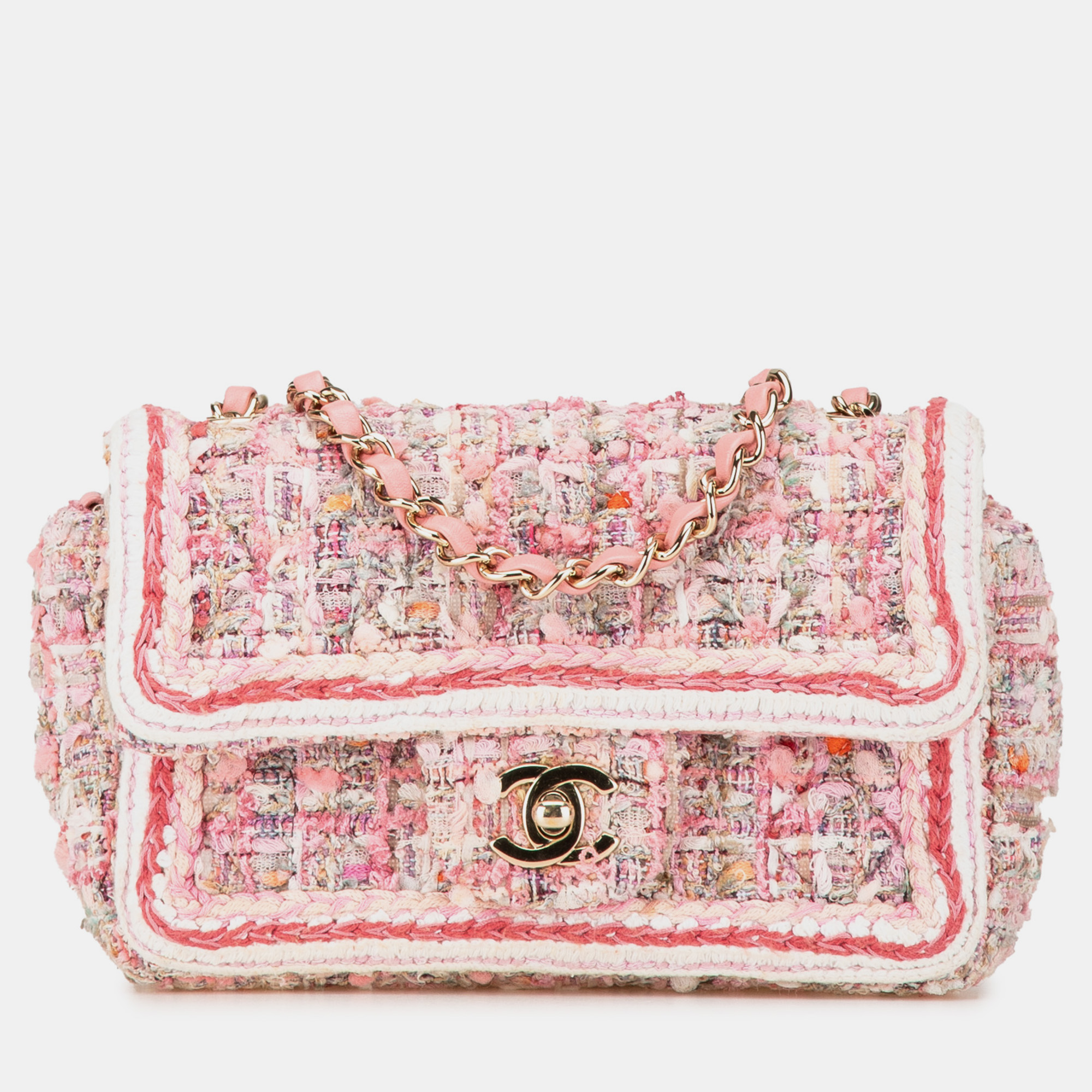 

Chanel Pink Mini Rectangular Classic Tweed Braid Flap