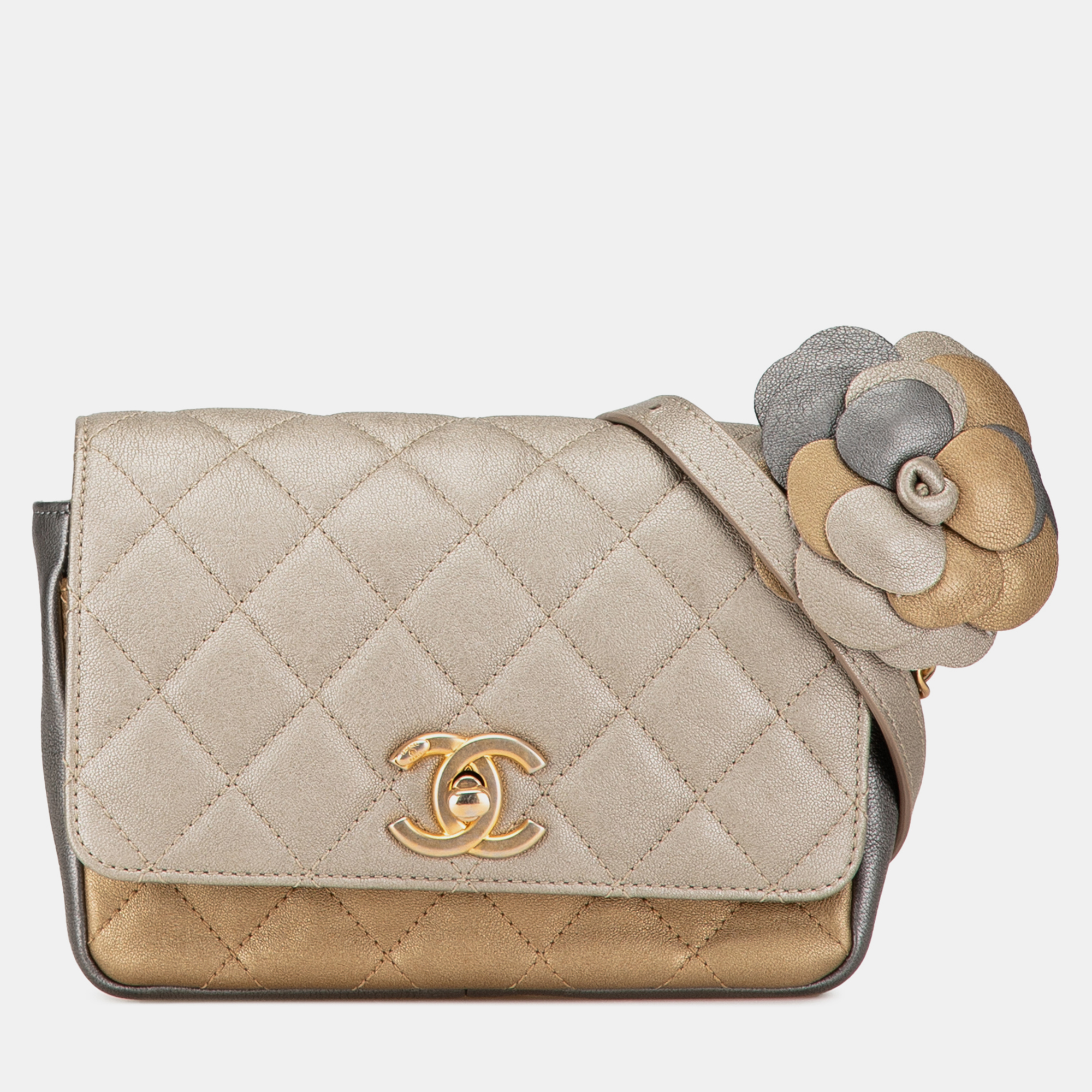 

Chanel Gold Small Tricolor Quilted Lambskin Camellia Flower Flap Bag