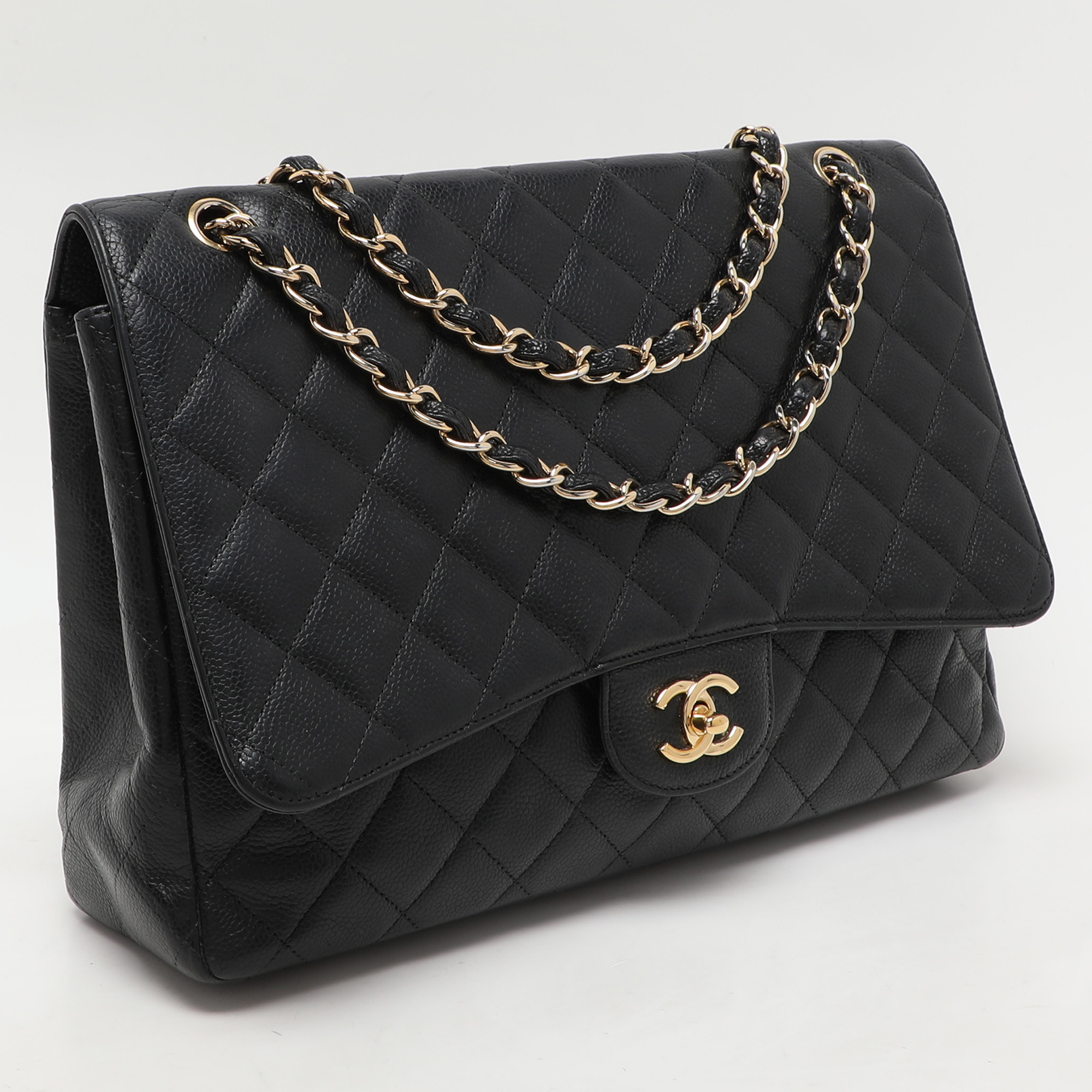 Chanel Black Quilted Caviar Leather Maxi Classic Single Flap Bag 