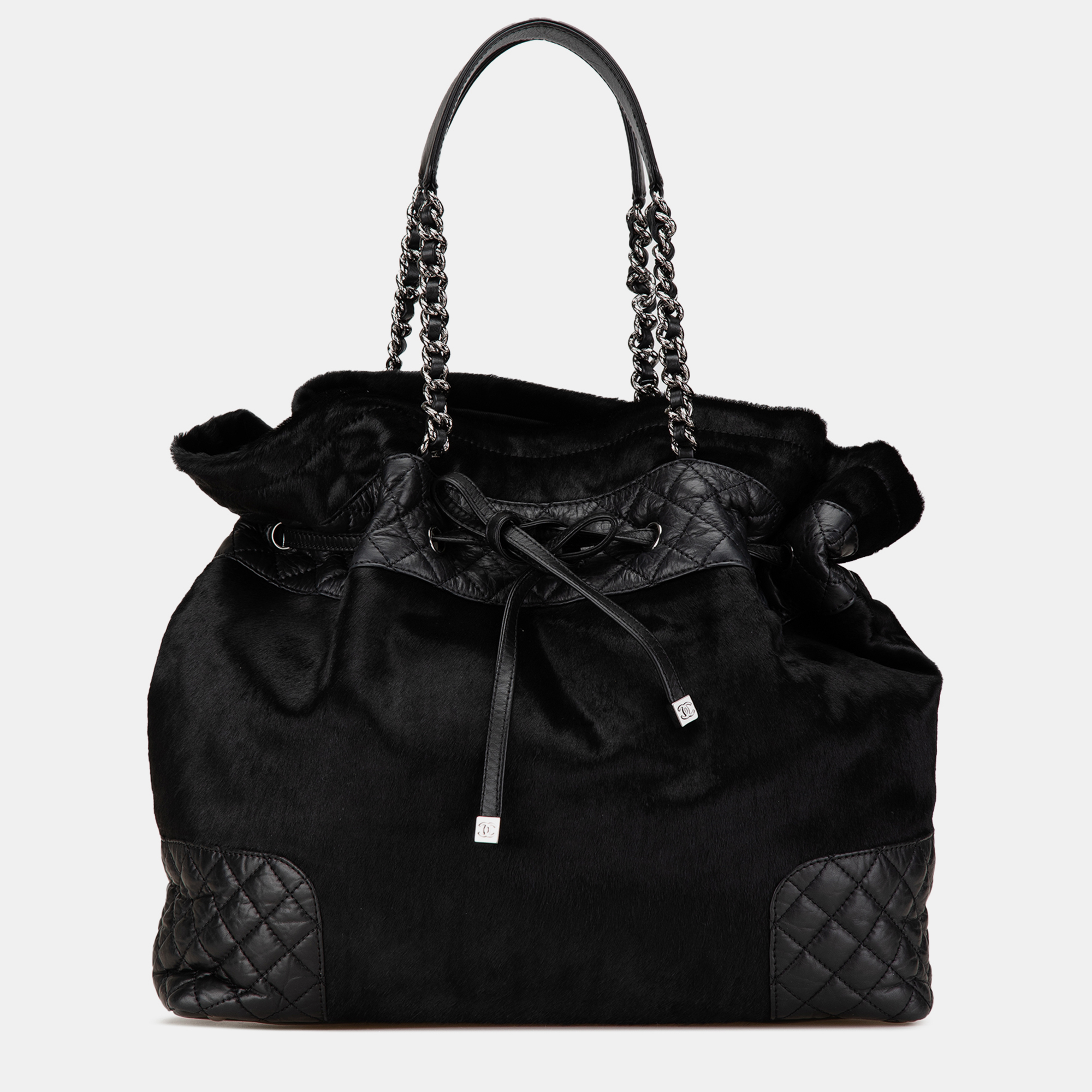 

Chanel Black Pony Hair and Quilted Aged Calfskin Drawstring Tote