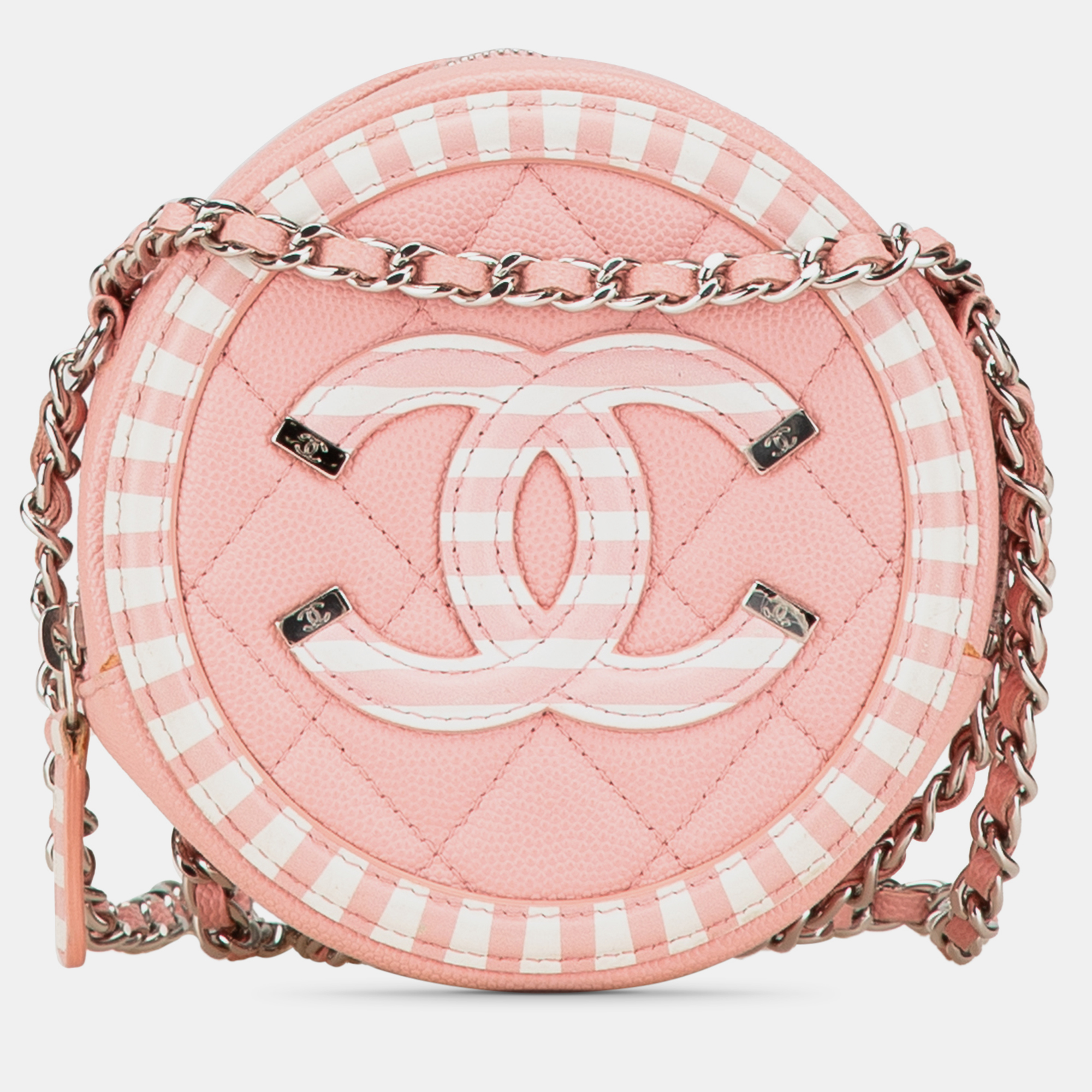 

Chanel Pink Caviar Striped CC Filigree Round Crossbody