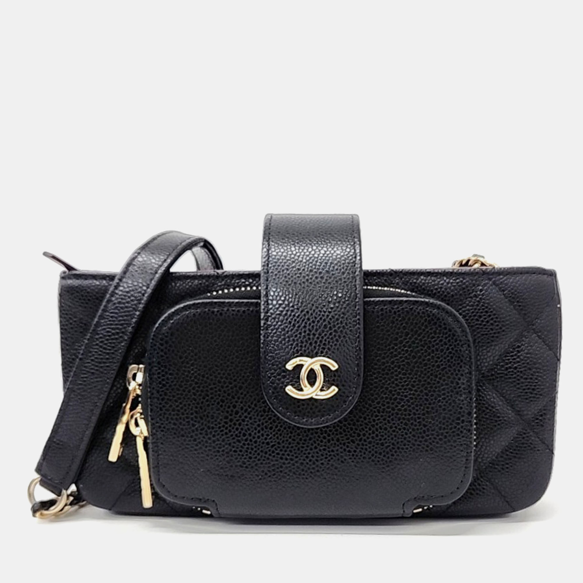 

Chanel Black Leather Pocket Phone Holder And Chain Crossbody Bag