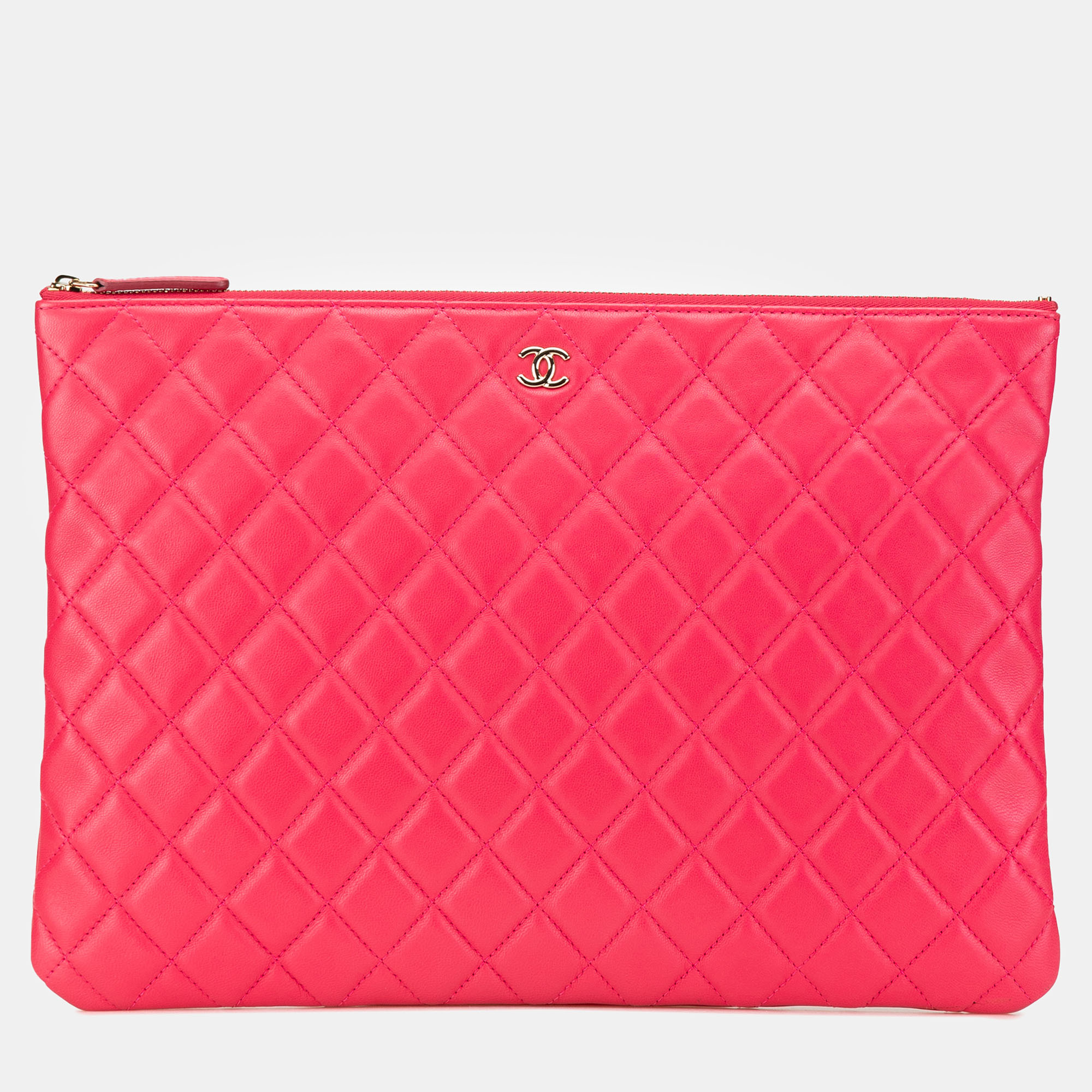 

Chanel Pink Large Quilted Lambskin O Case Clutch