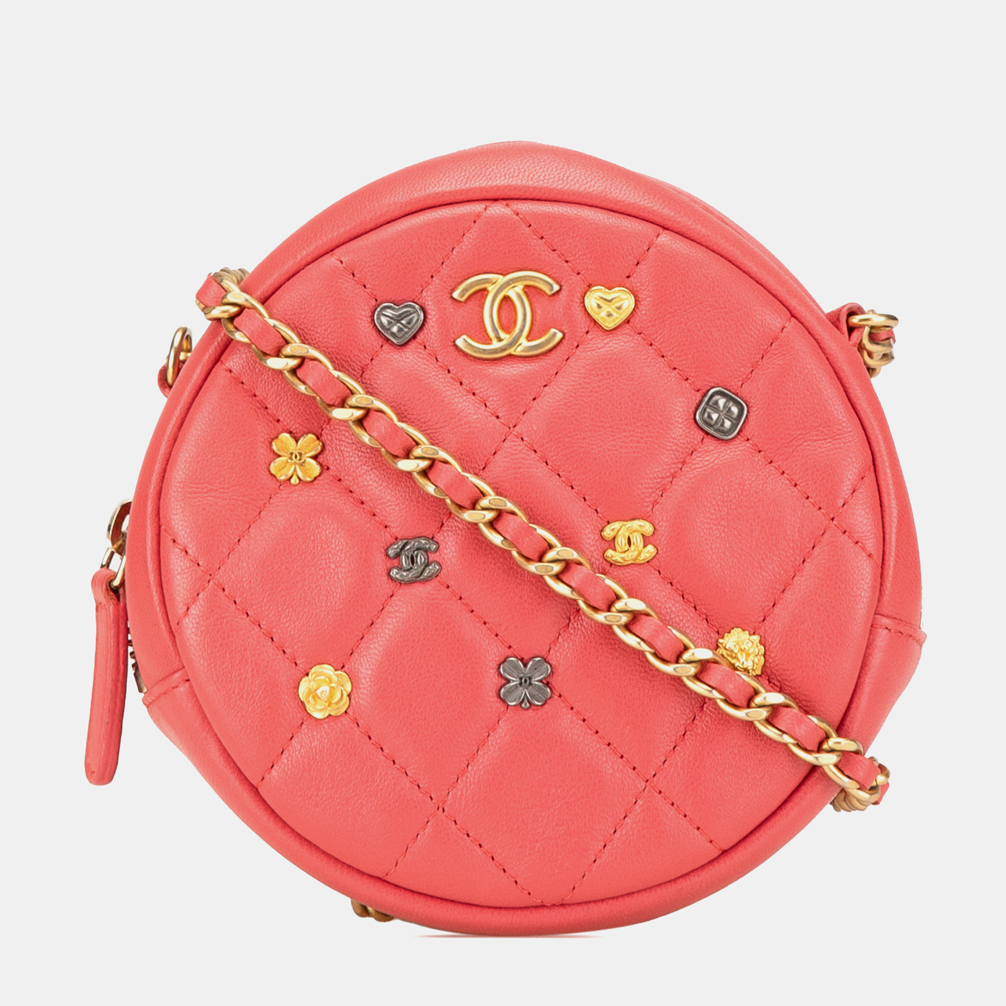 

Chanel Pink Quilted Lambskin Lucky Charms Round Clutch with Chain