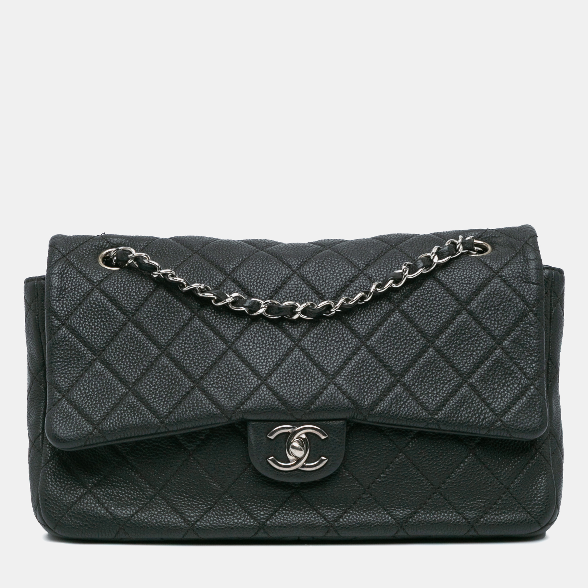 

Chanel Black Jumbo Quilted Caviar Double Compartment Chain Flap