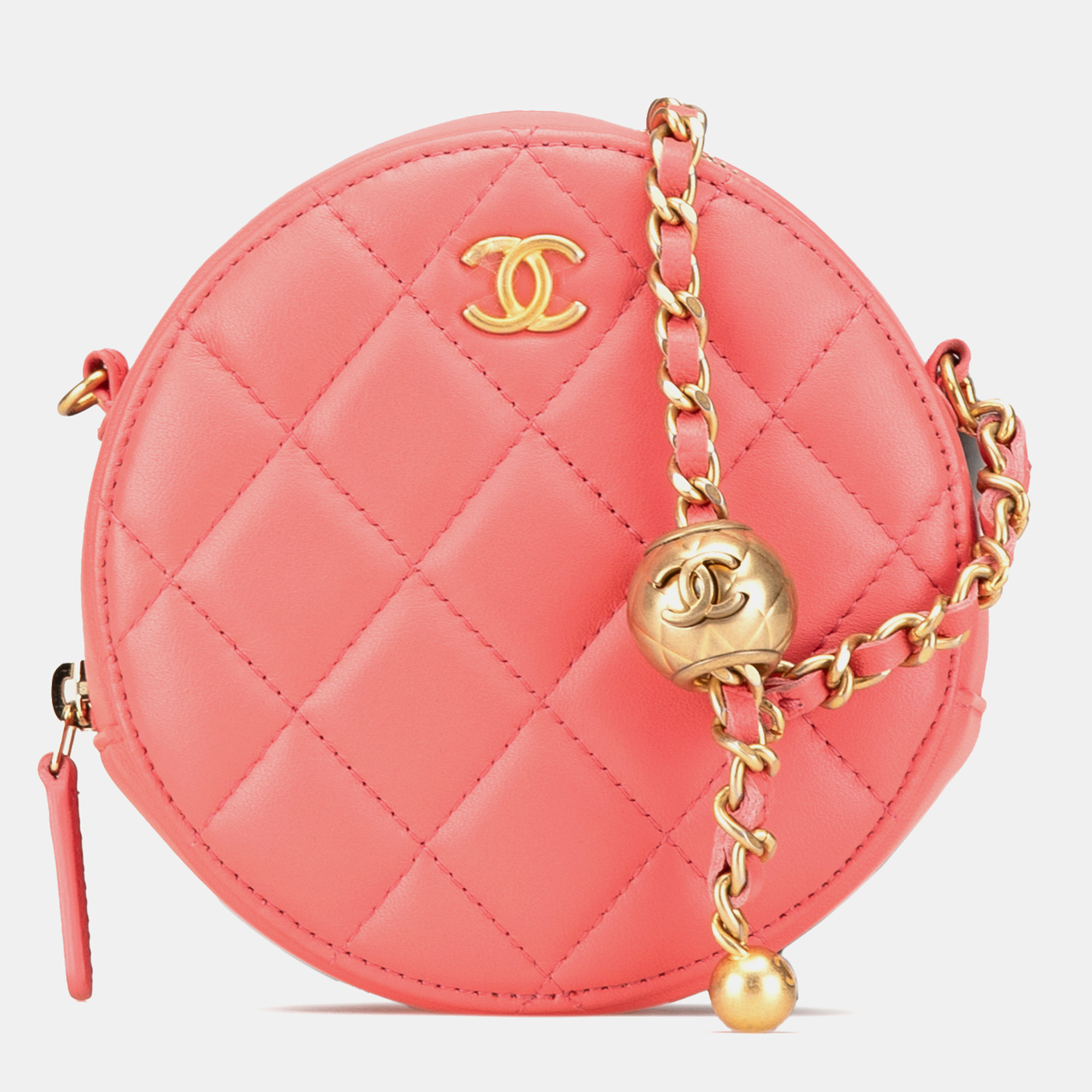 

Chanel Pink CC Quilted Lambskin Pearl Crush Round Clutch with Chain