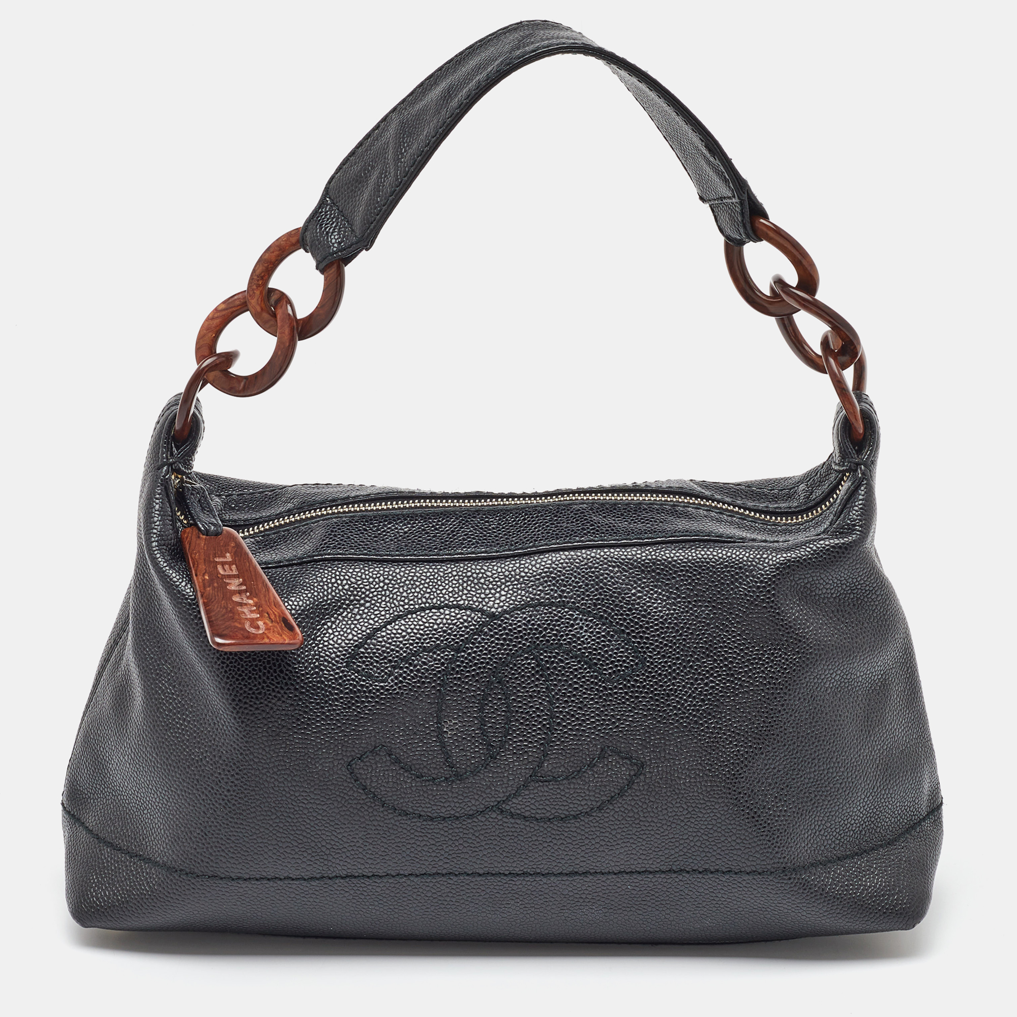 

Chanel Black Leather Vintage CC Wood Chain Shoulder Bag