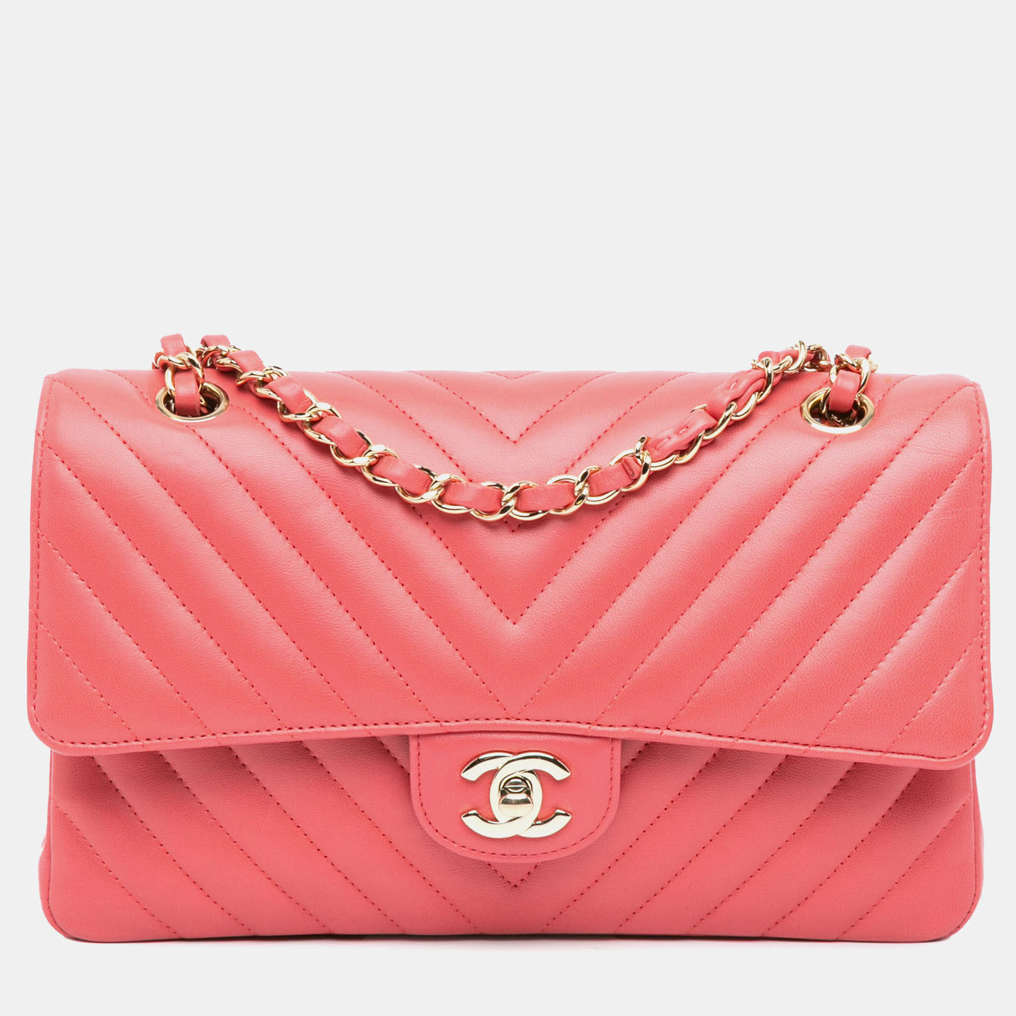 

Chanel Pink Medium Classic Chevron Lambskin Double Flap Bag