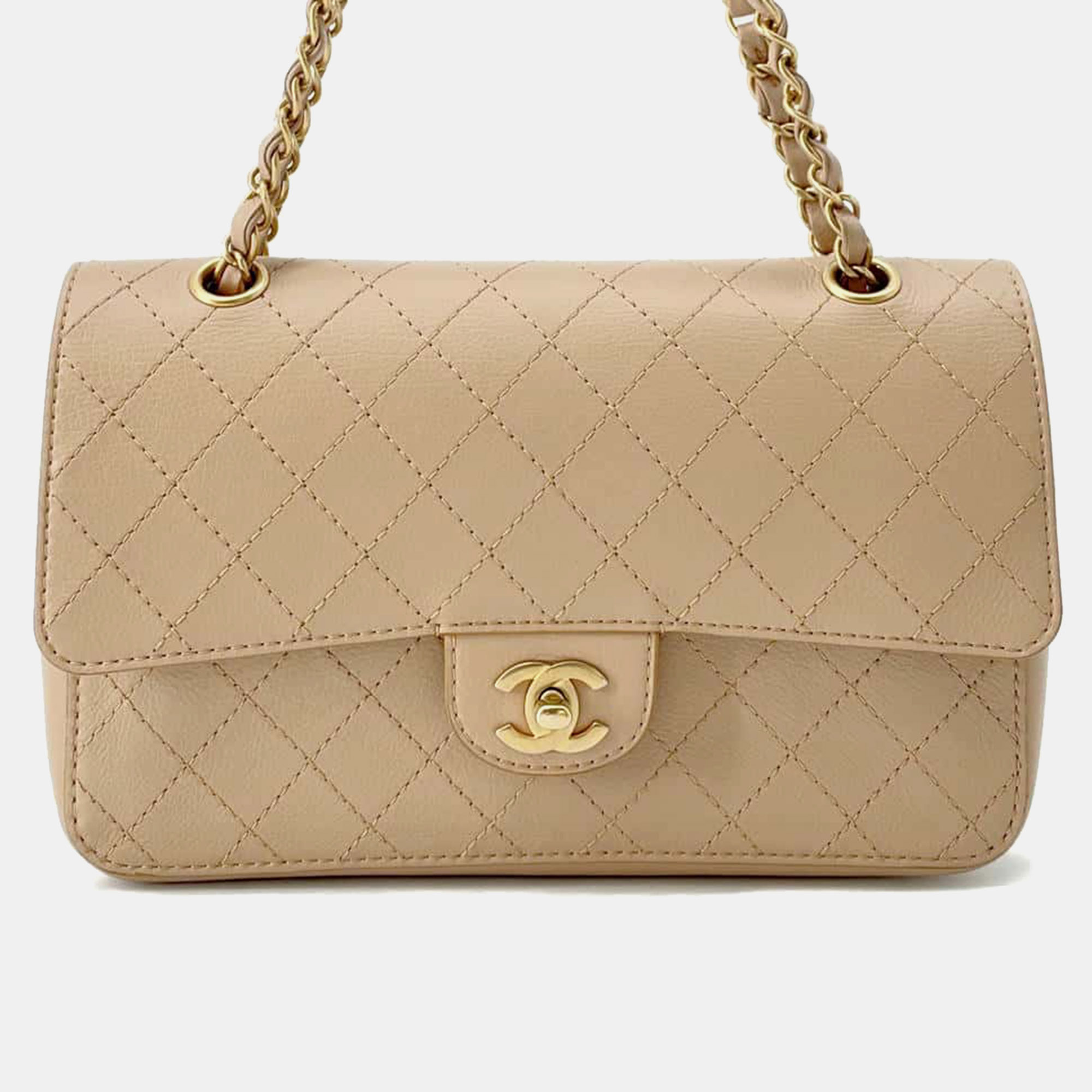 

Chanel Matelasse W-Flap W-Chain Shoulder Bag Beige Leather