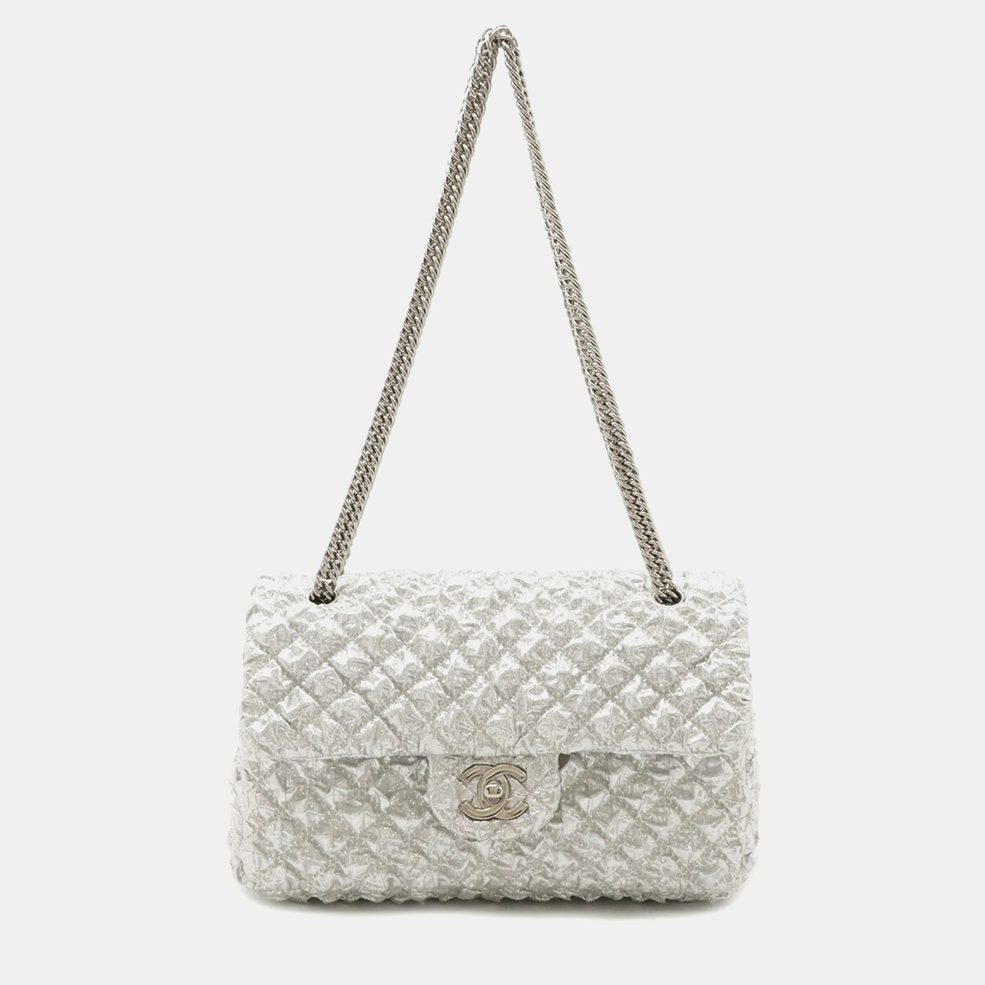 

Chanel Silver Canvas Double Flap Chain Shoulder Bag