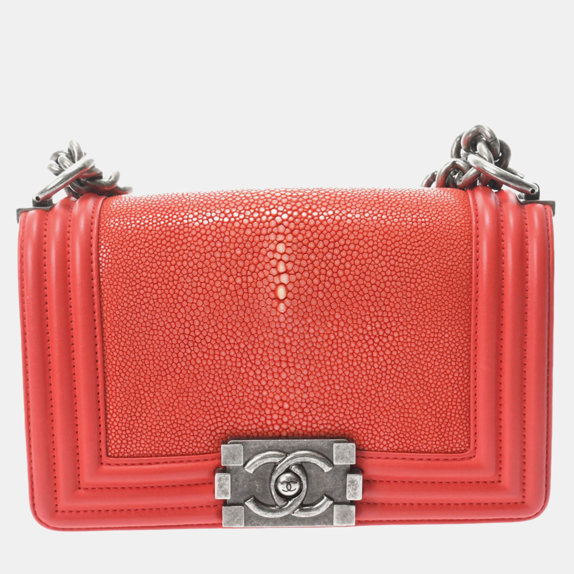 

Chanel Red Calfskin Small Boy Chain Shoulder Bag