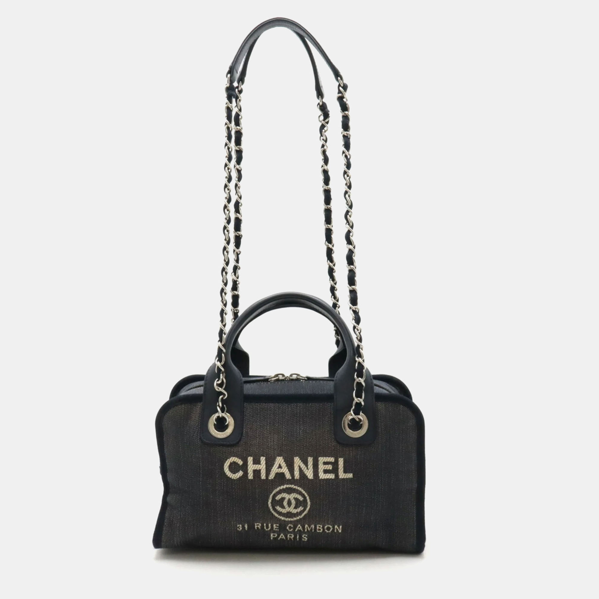 

Chanel Navy Denim Deauville Bowling Bag, Navy blue
