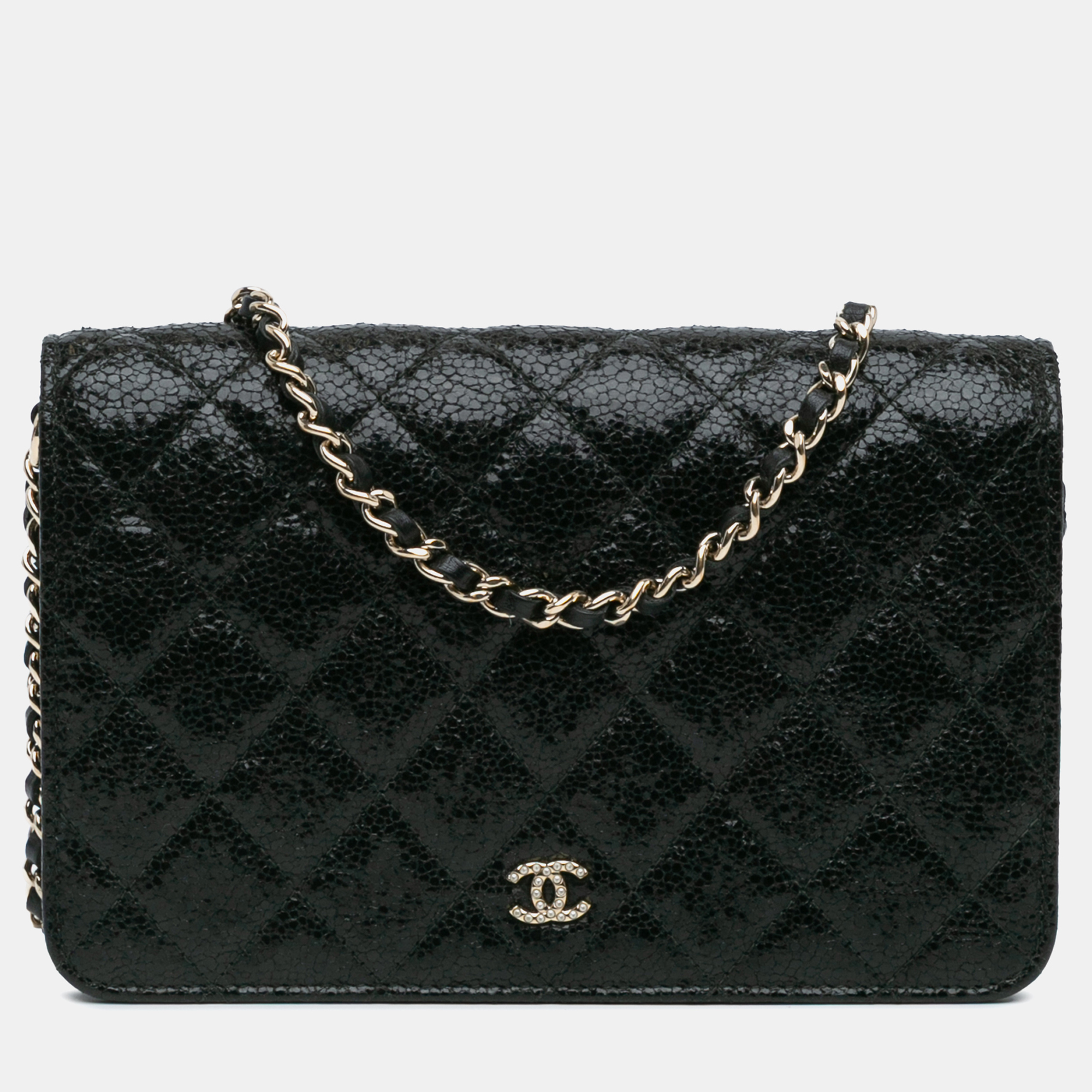 

Chanel Black Quilted Crackled Patent Calfskin Pearl Wallet On Chain