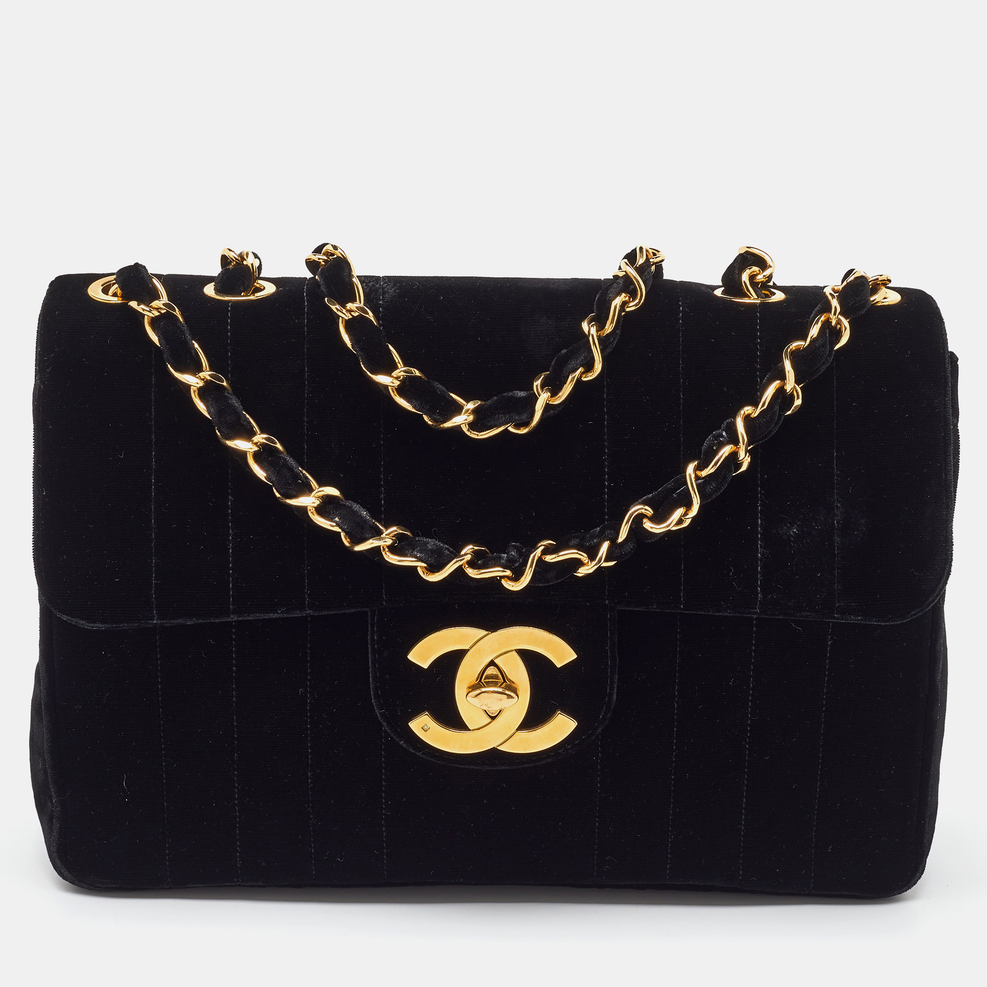 

Chanel Black Vertical Quilted Velvet Jumbo Vintage Classic Flap Bag