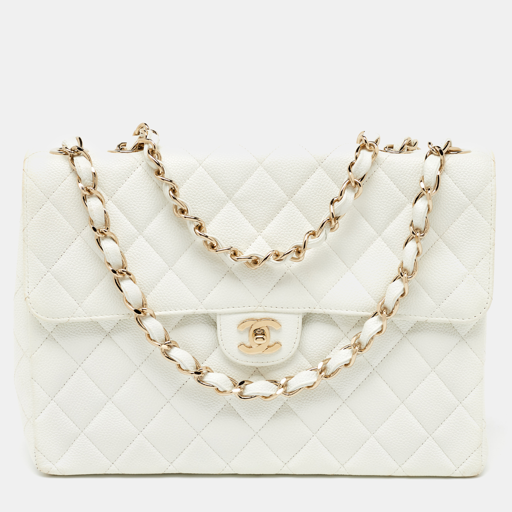 

Chanel White Quilted Caviar Leather Jumbo Vintage Classic Flap Bag