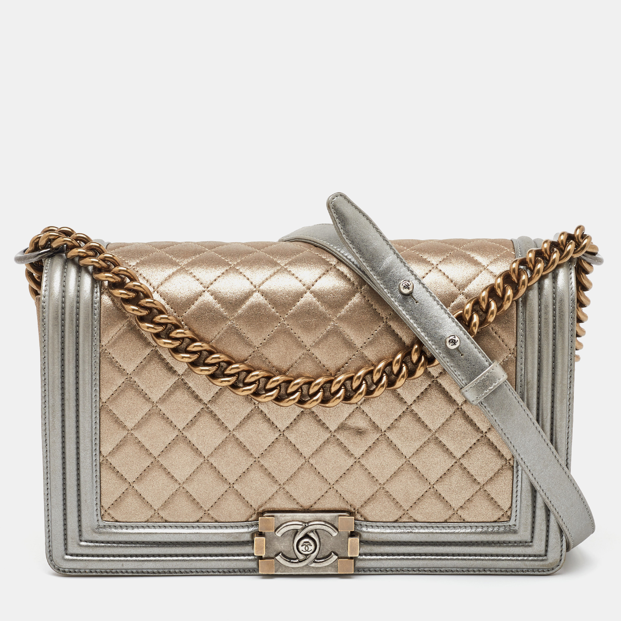 

Chanel Gold/Silver Quilted Leather New  Boy Flap Bag